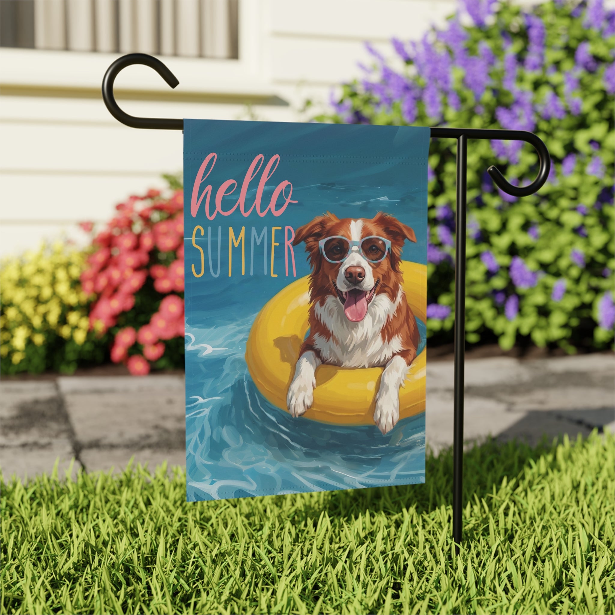 Hello Summer Red and White Border Collie Garden Flag