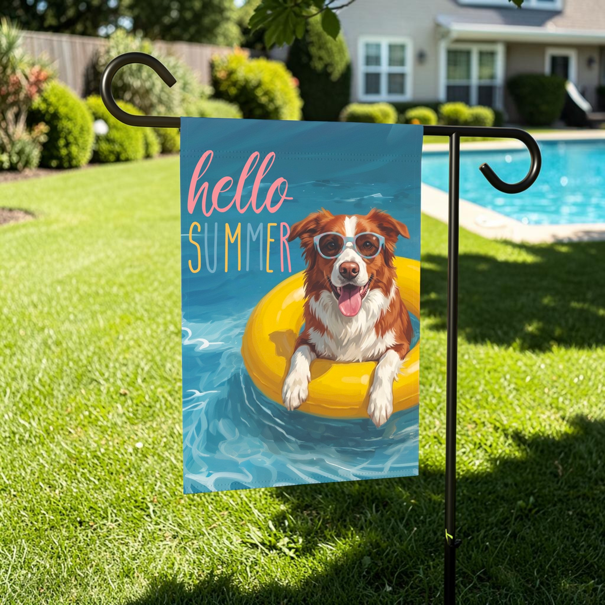 Hello Summer Red and White Border Collie Garden Flag