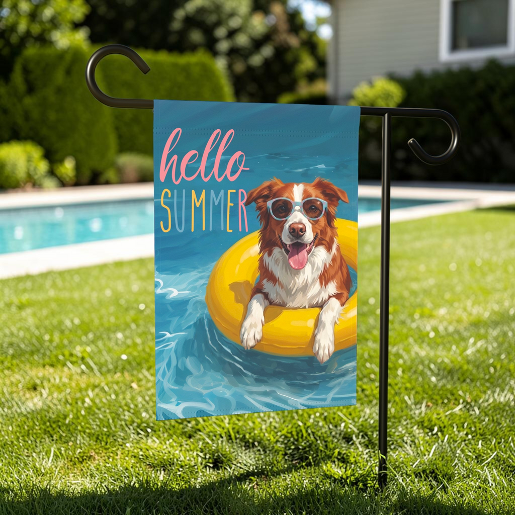 Hello Summer Red and White Border Collie Garden Flag