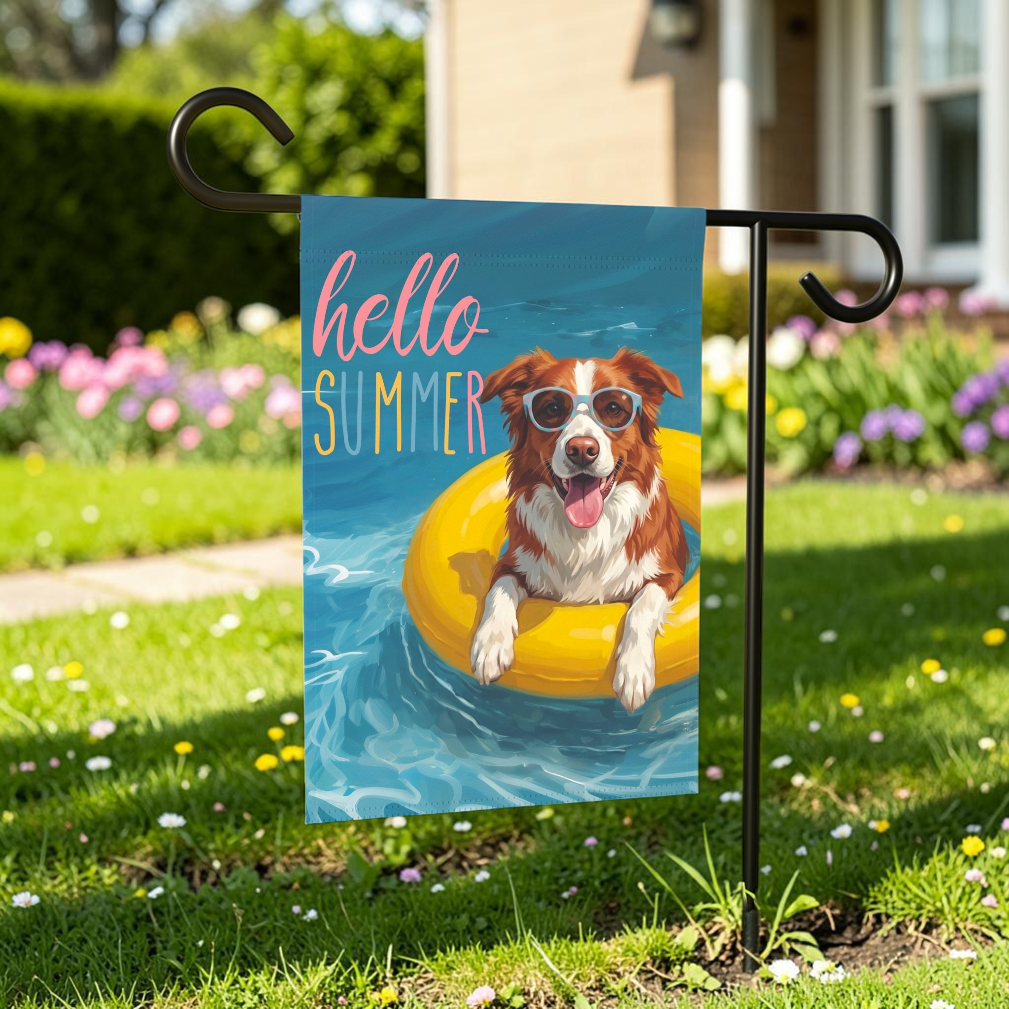 Hello Summer Red and White Border Collie Garden Flag