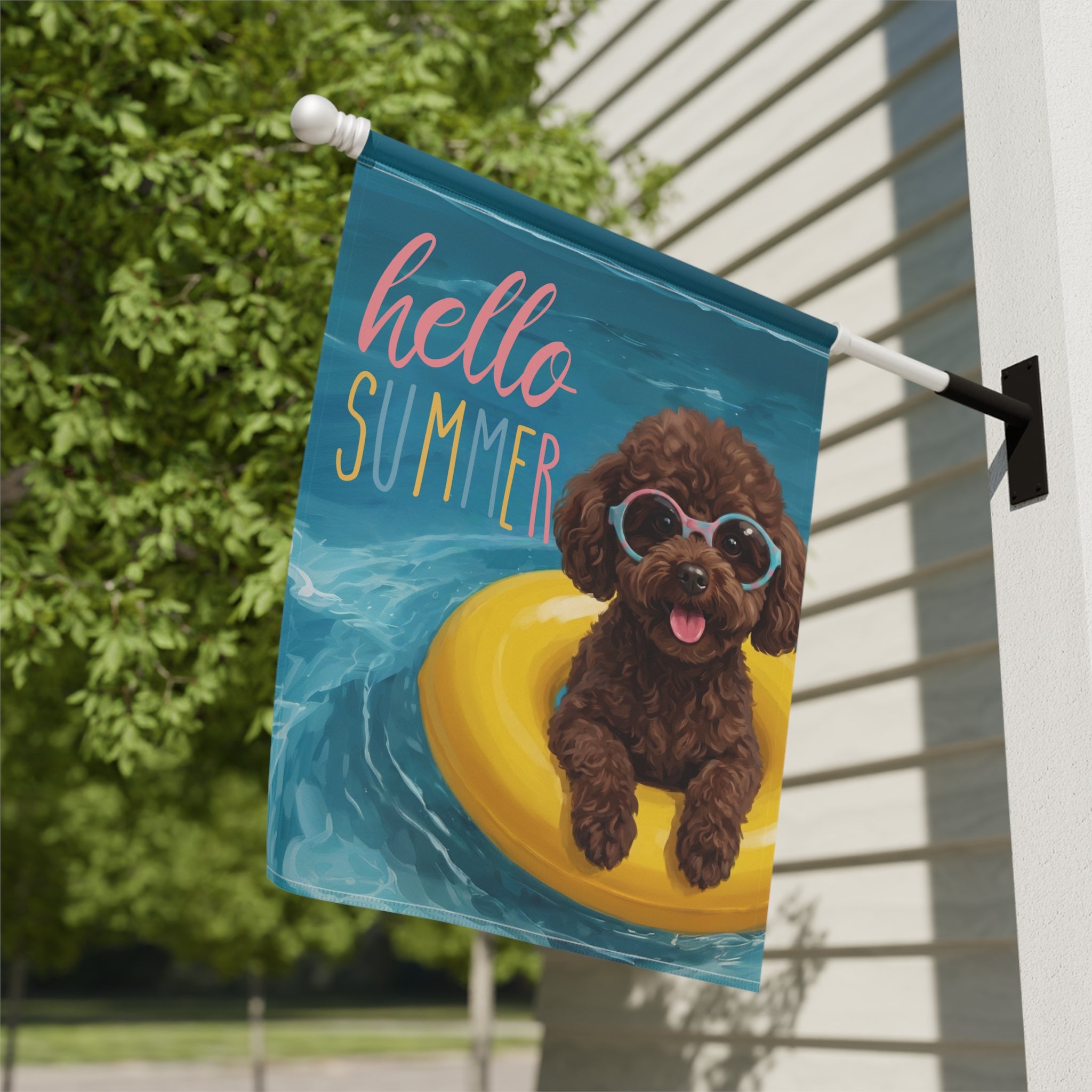 Hello Summer Chocolate Toy Poodle Garden Flag