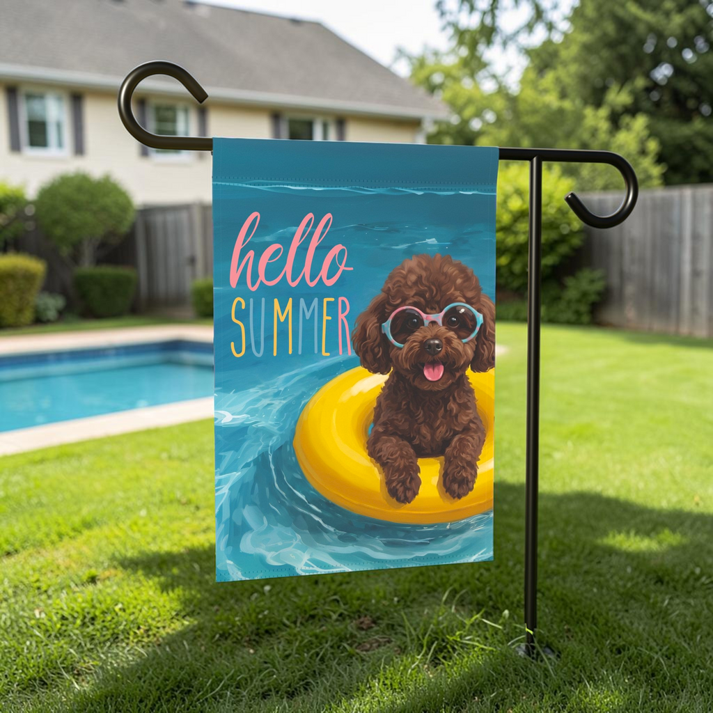 Hello Summer Chocolate Toy Poodle Garden Flag