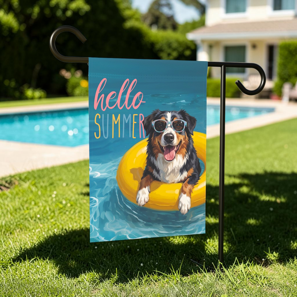Hello Summer Australian Shepherd Garden Flag