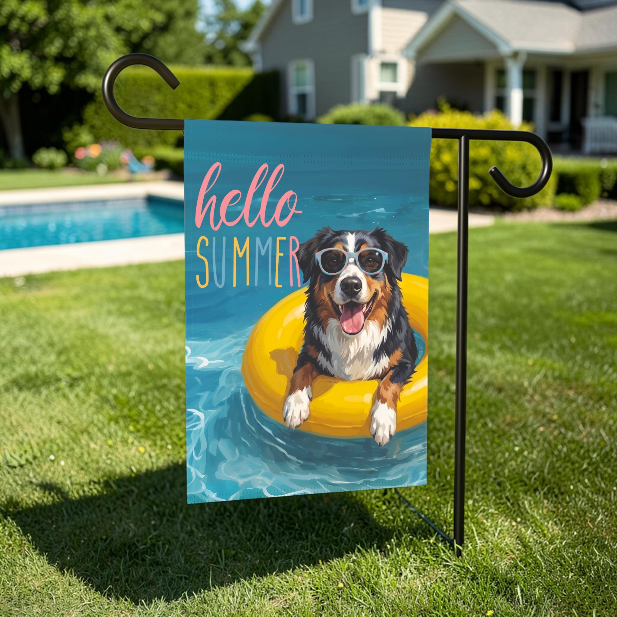 Hello Summer Australian Shepherd Garden Flag