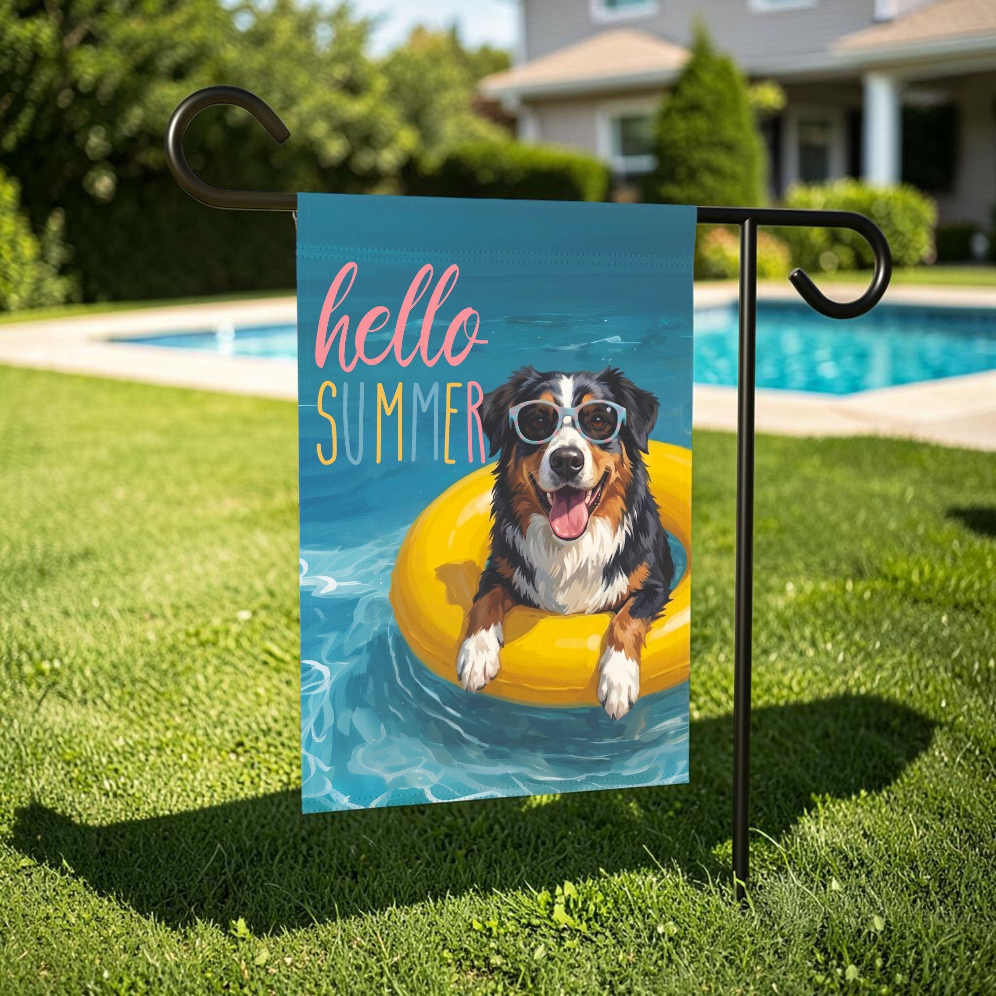 Hello Summer Australian Shepherd Garden Flag