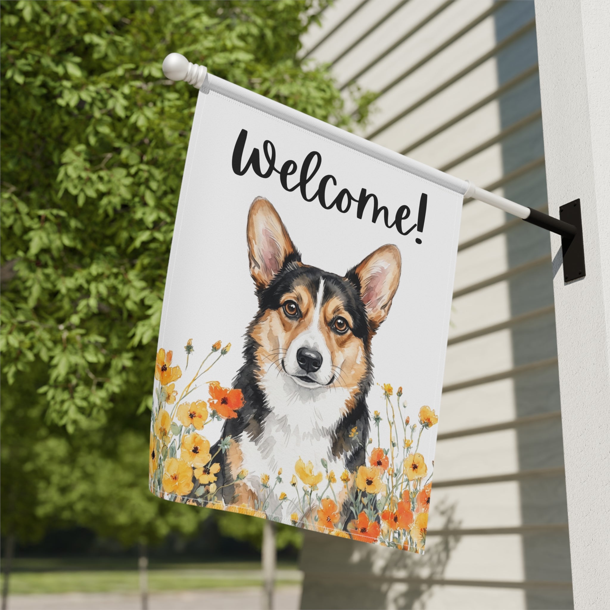 Yellow Poppies Tricolor Corgi Welcome Garden Flag