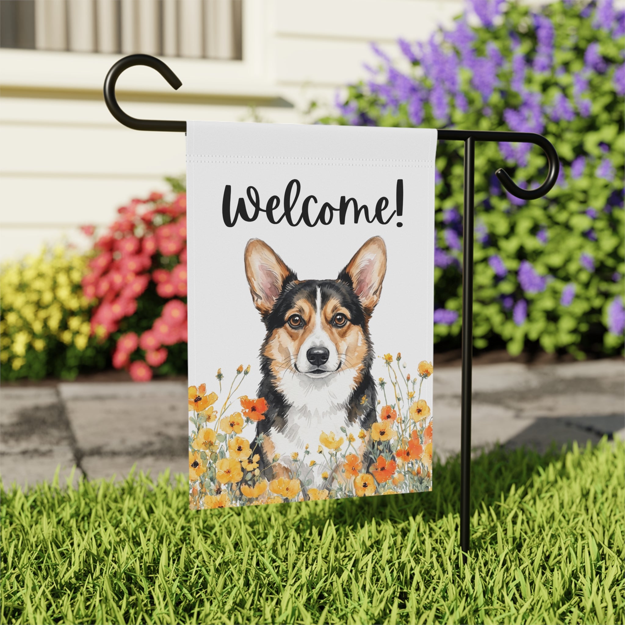 Yellow Poppies Tricolor Corgi Welcome Garden Flag