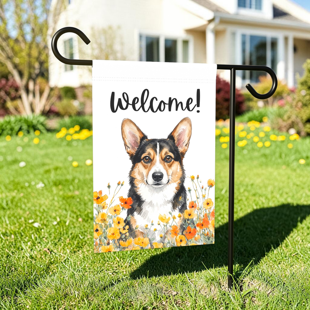 Yellow Poppies Tricolor Corgi Welcome Garden Flag