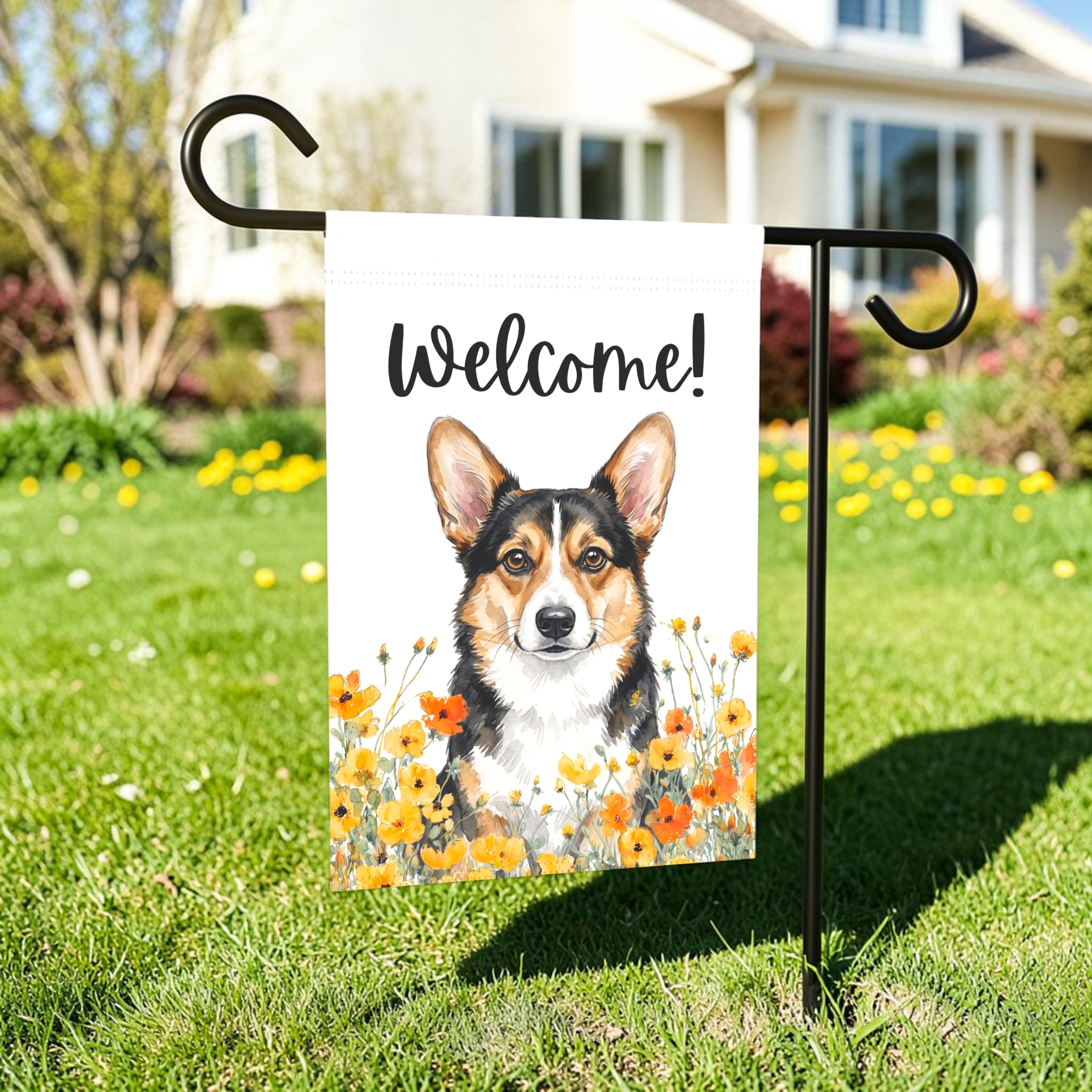Yellow Poppies Tricolor Corgi Welcome Garden Flag