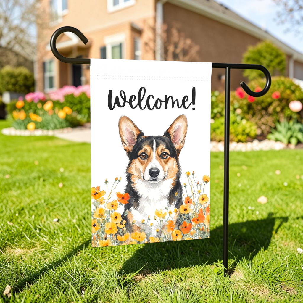 Yellow Poppies Tricolor Corgi Welcome Garden Flag