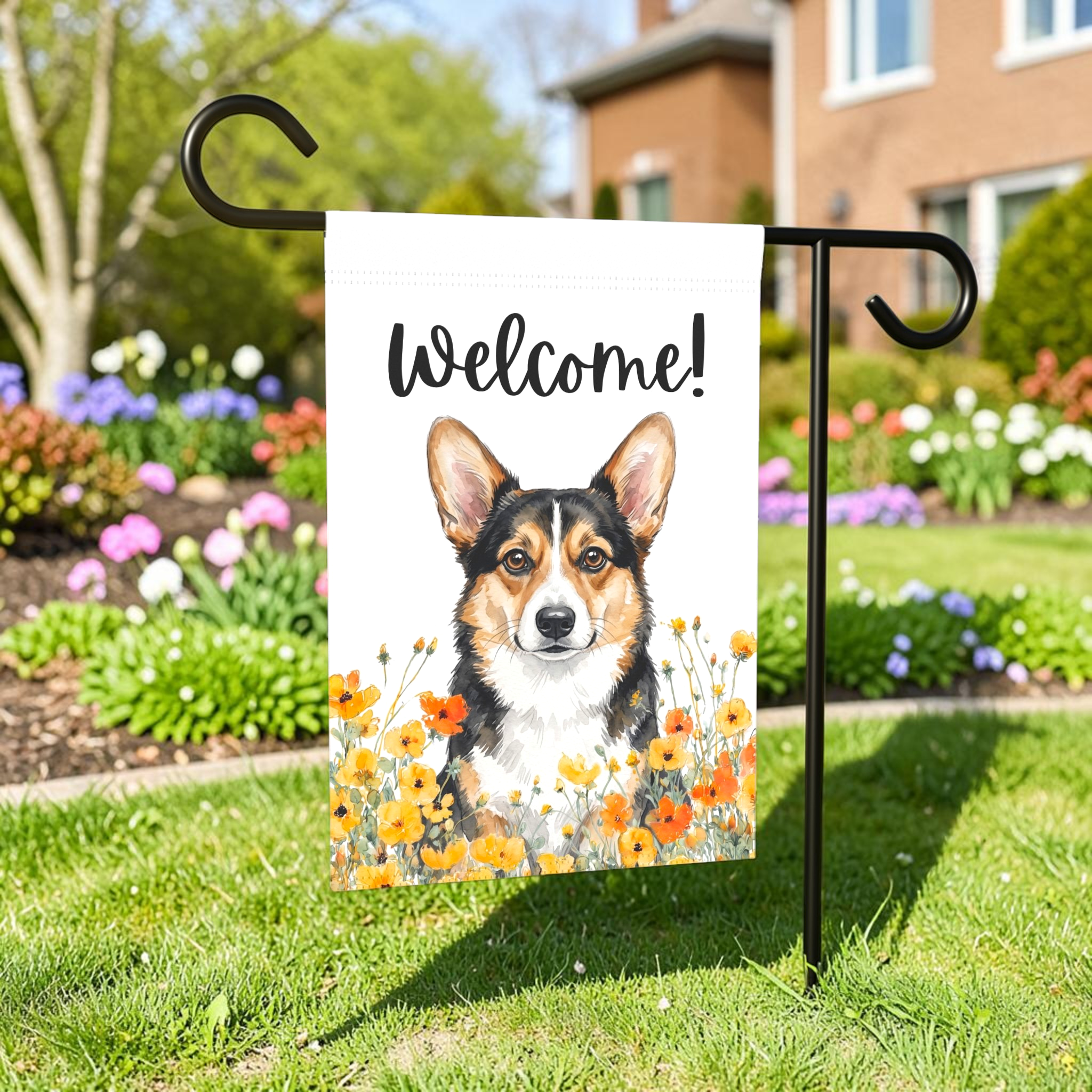 Yellow Poppies Tricolor Corgi Welcome Garden Flag