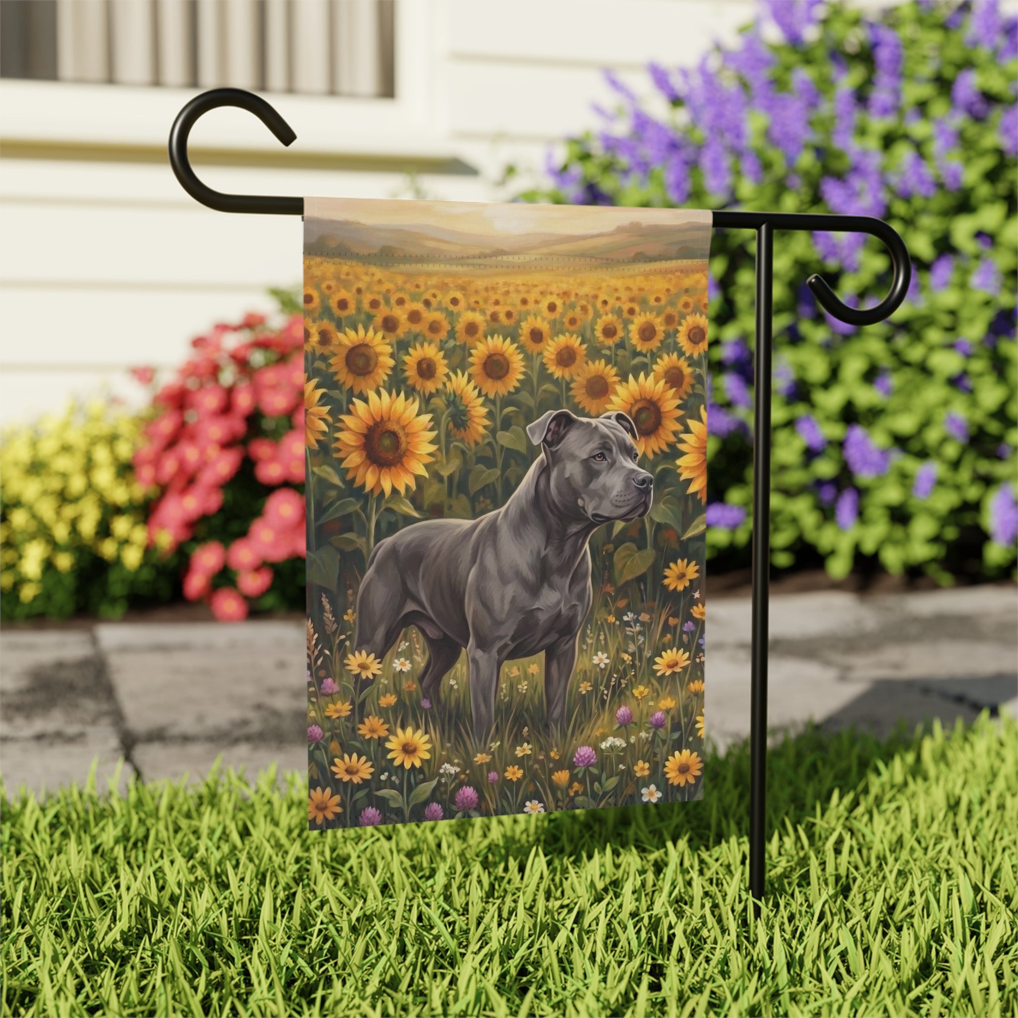 Sunflower Field Gray American Pitbull Terrier Garden Flag