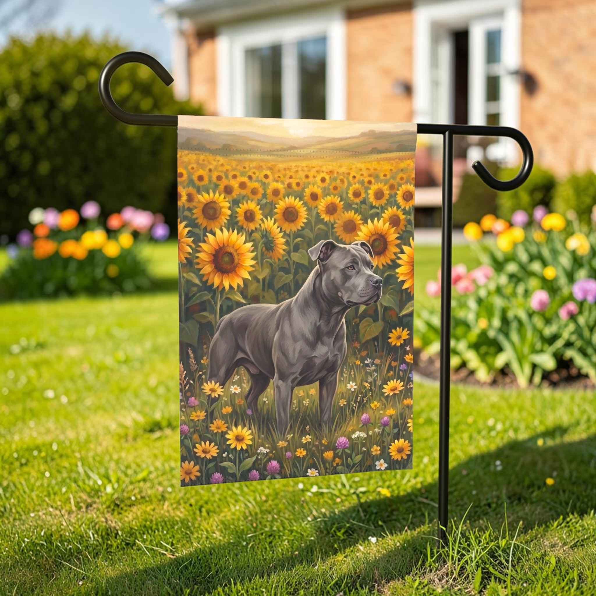 Sunflower Field Gray American Pitbull Terrier Garden Flag