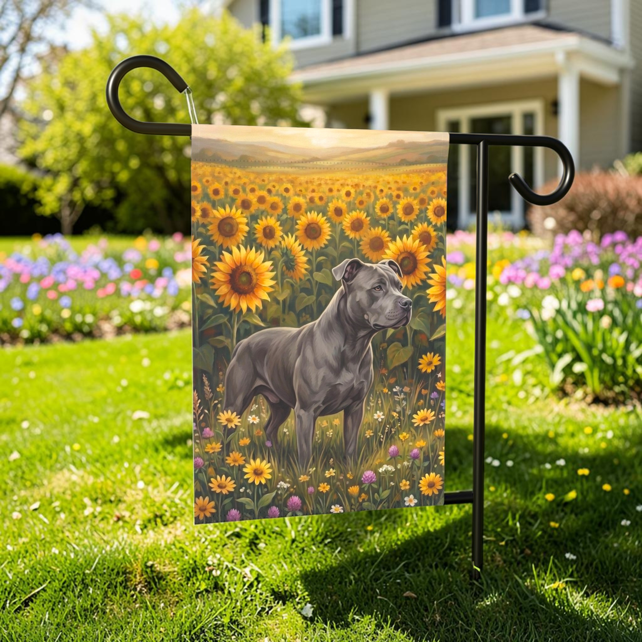 Sunflower Field Gray American Pitbull Terrier Garden Flag