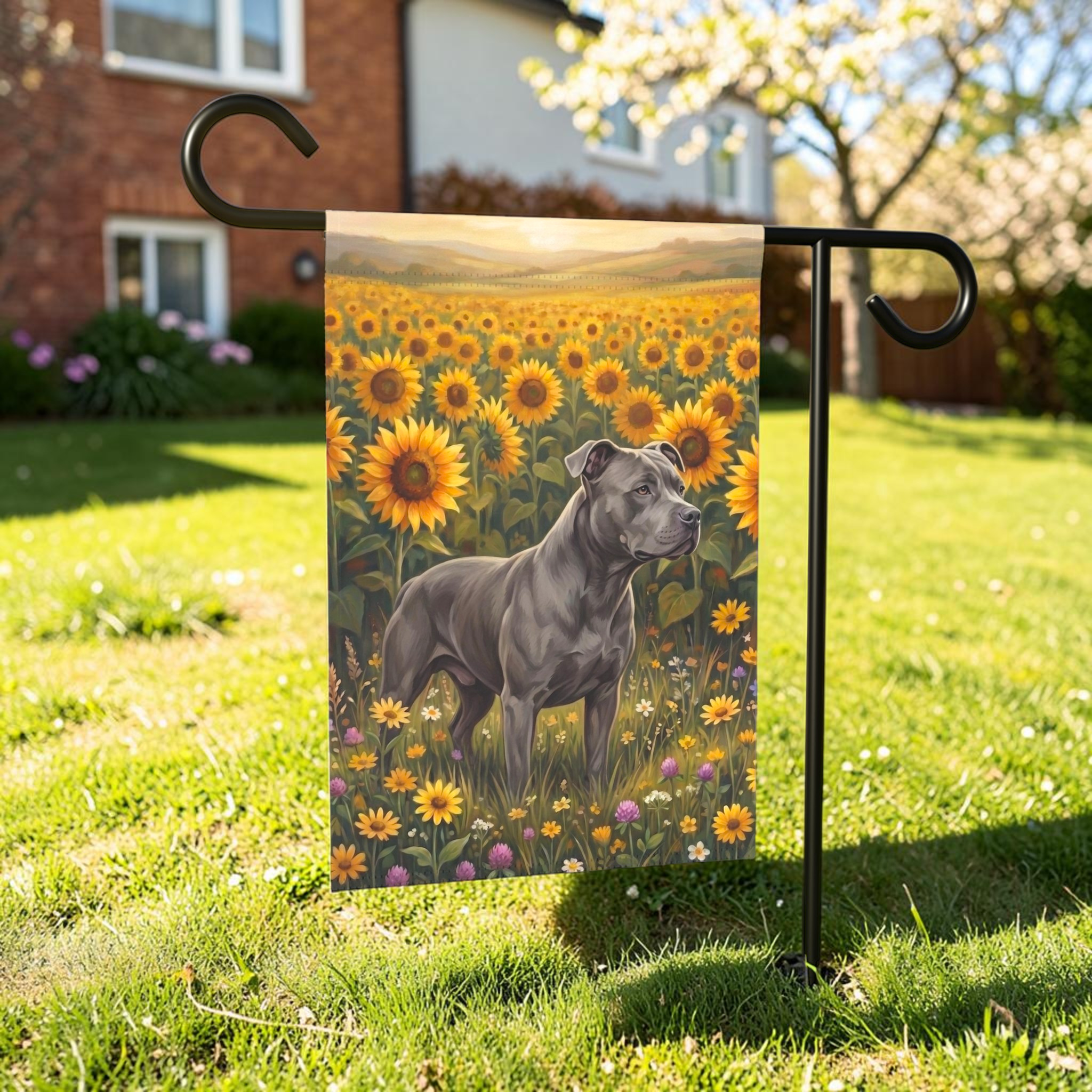 Sunflower Field Gray American Pitbull Terrier Garden Flag