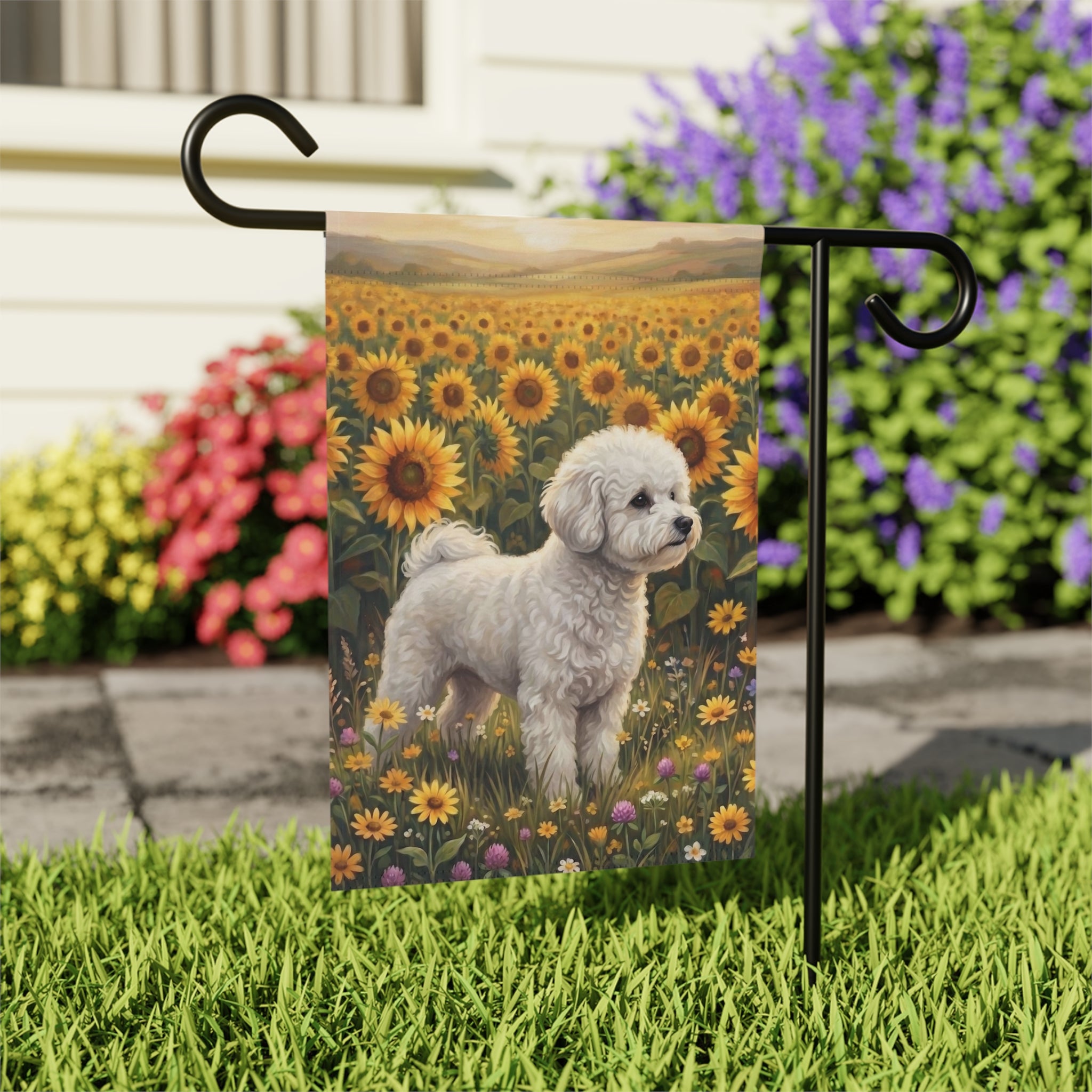 Sunflower Field White Bichon Frise Garden Flag
