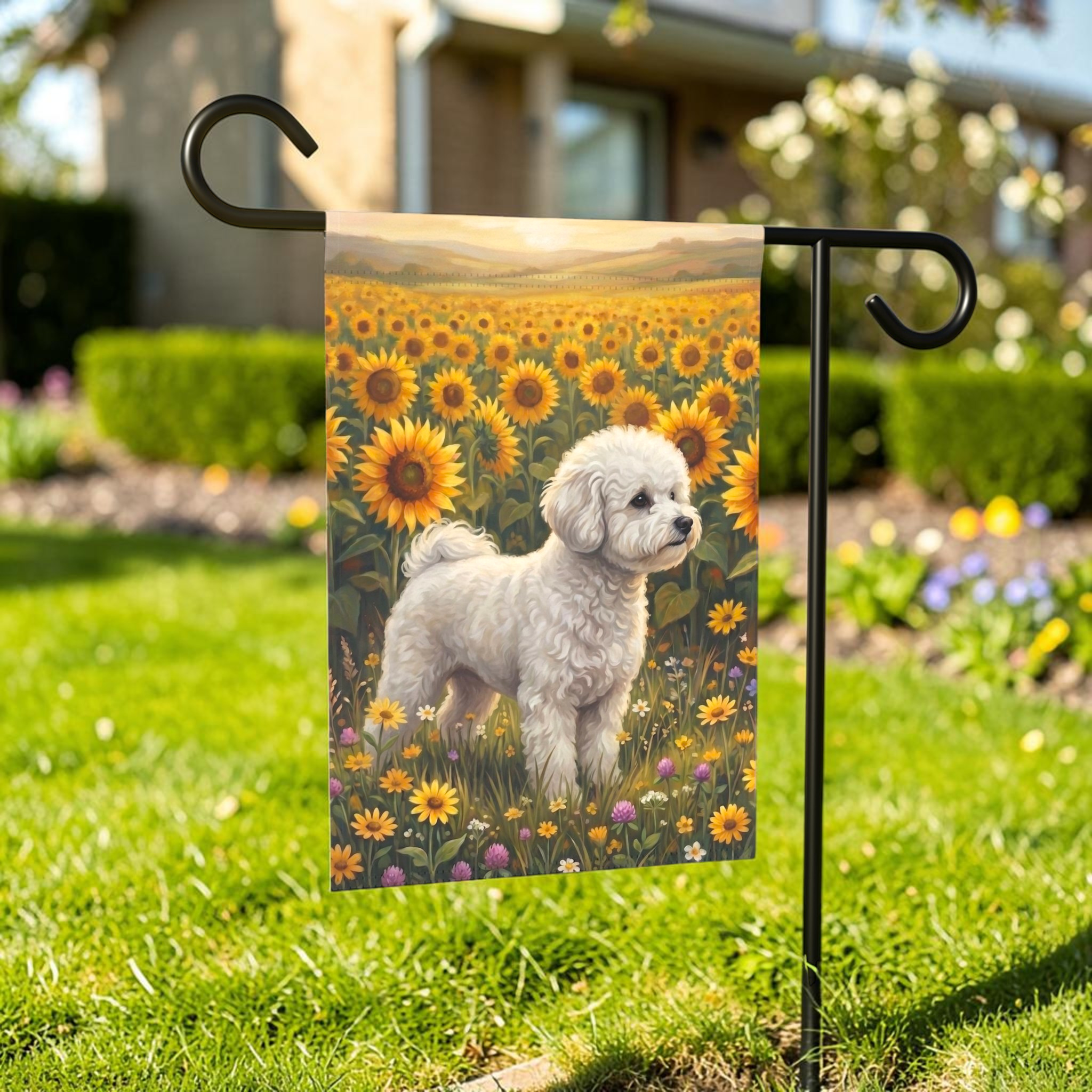 Sunflower Field White Bichon Frise Garden Flag