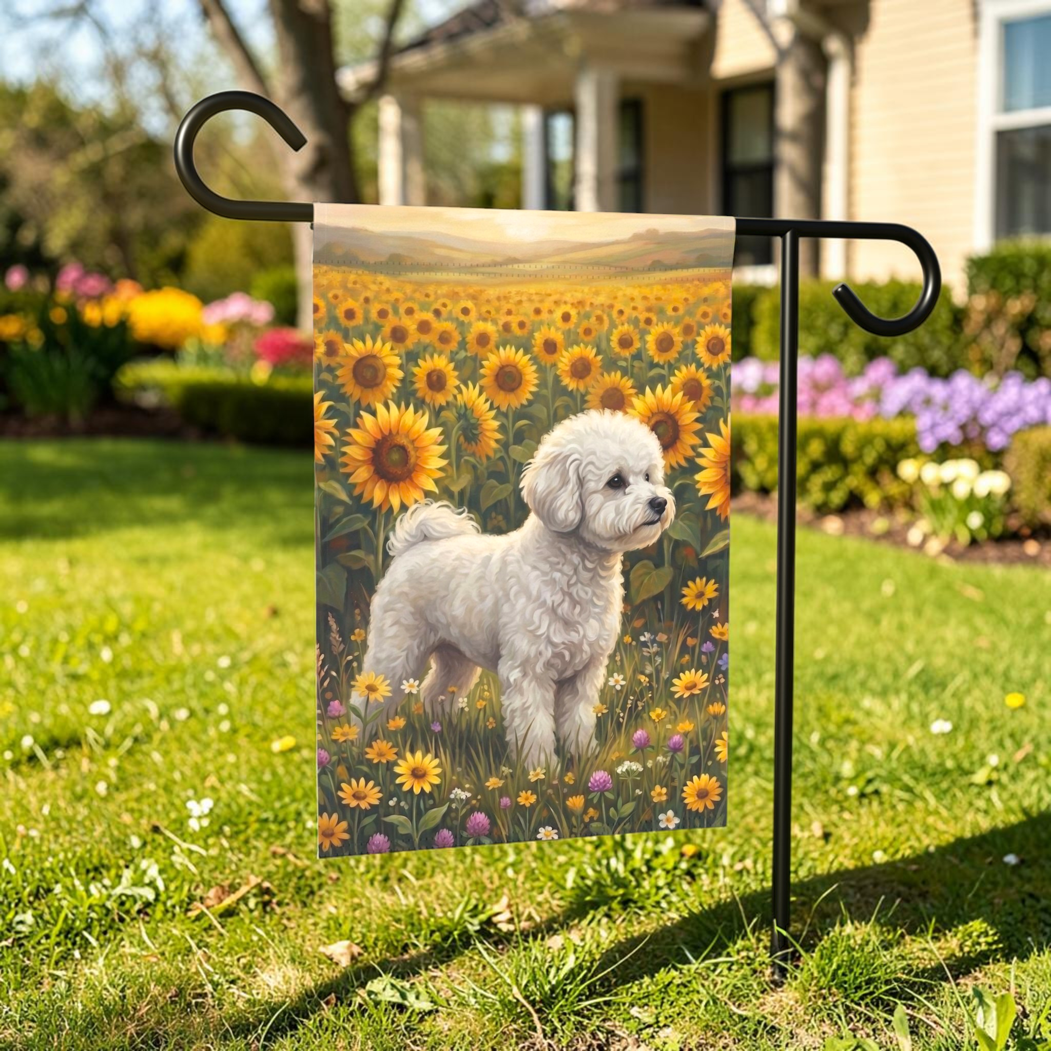 Sunflower Field White Bichon Frise Garden Flag