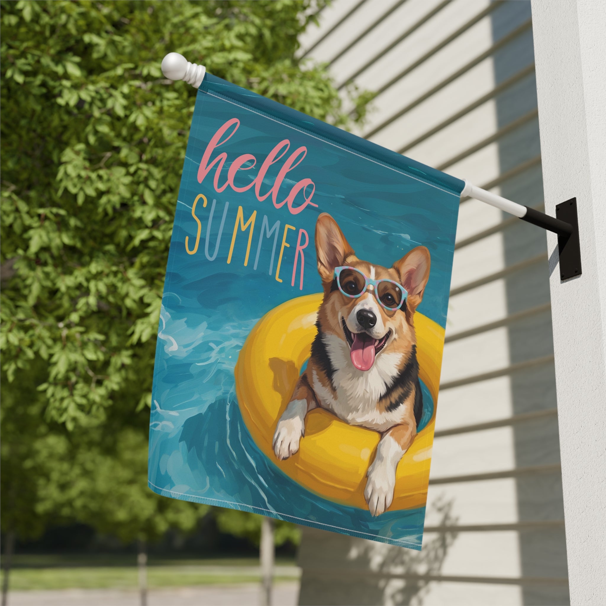 Hello Summer Tricolor Corgi Garden Flag