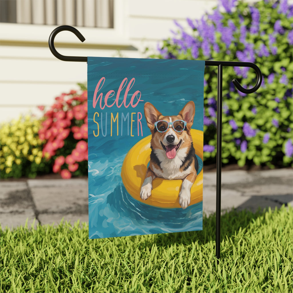 Hello Summer Tricolor Corgi Garden Flag