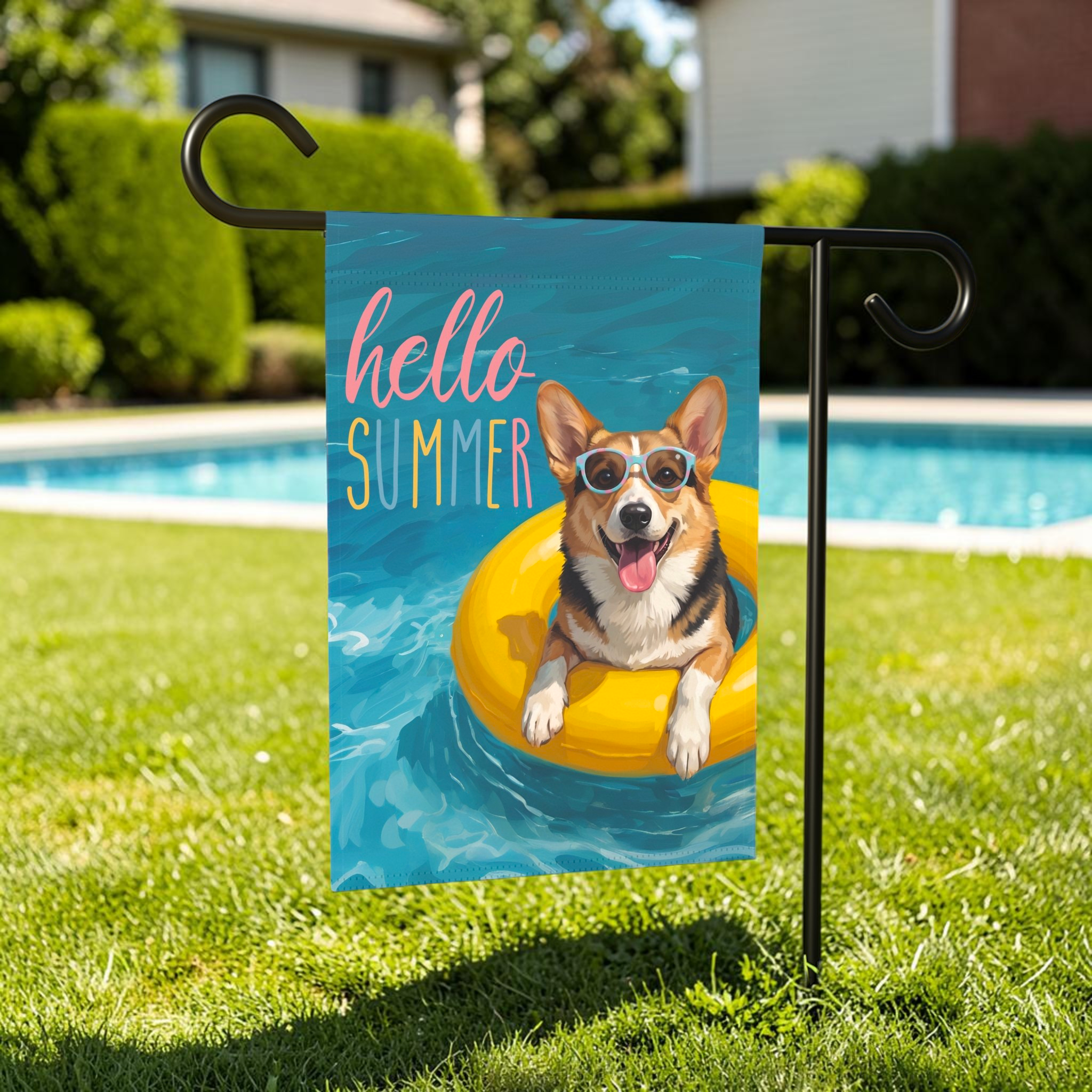 Hello Summer Tricolor Corgi Garden Flag