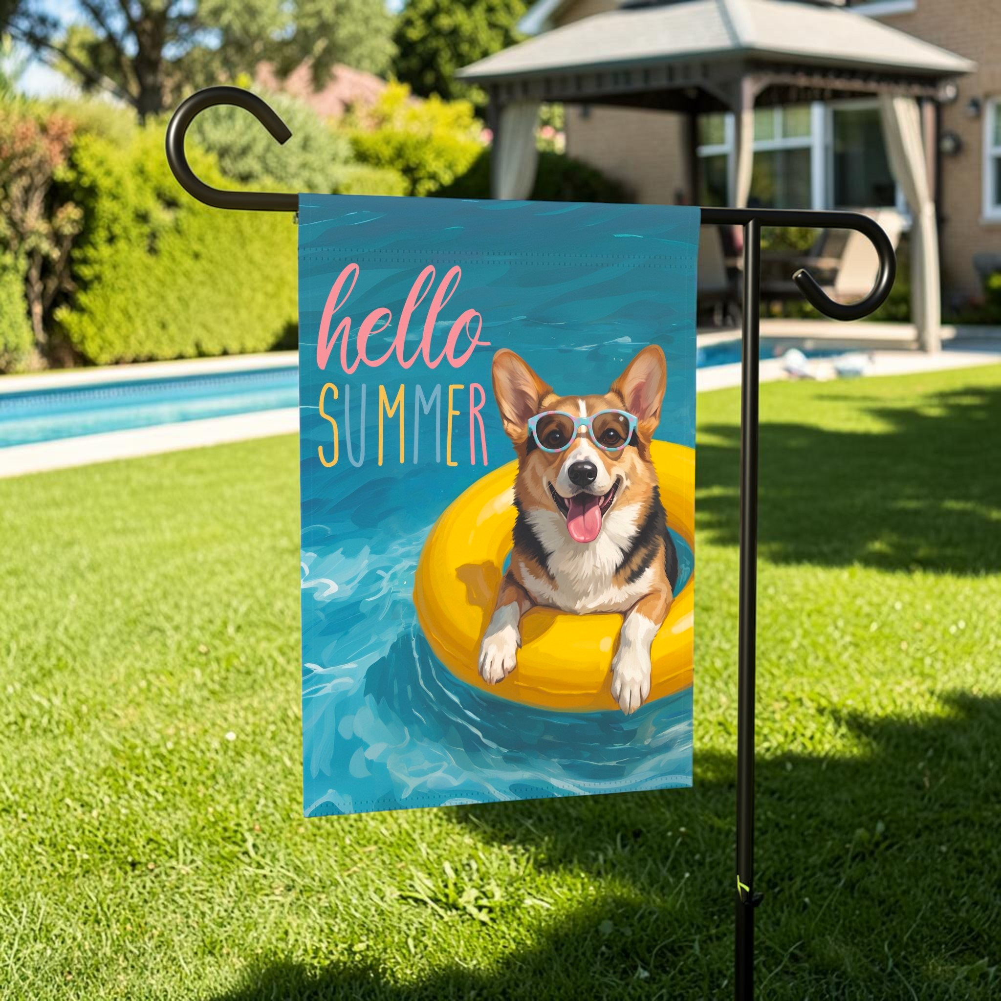 Hello Summer Tricolor Corgi Garden Flag