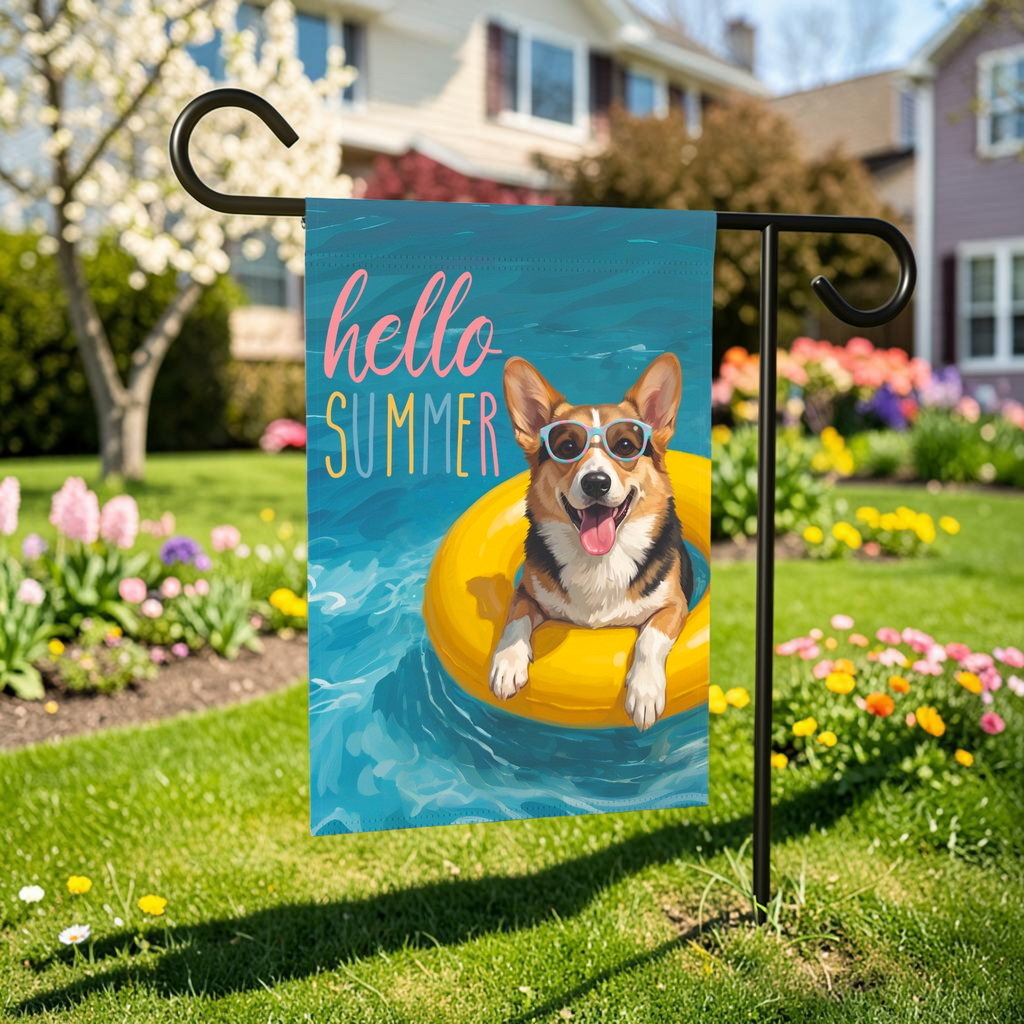 Hello Summer Tricolor Corgi Garden Flag