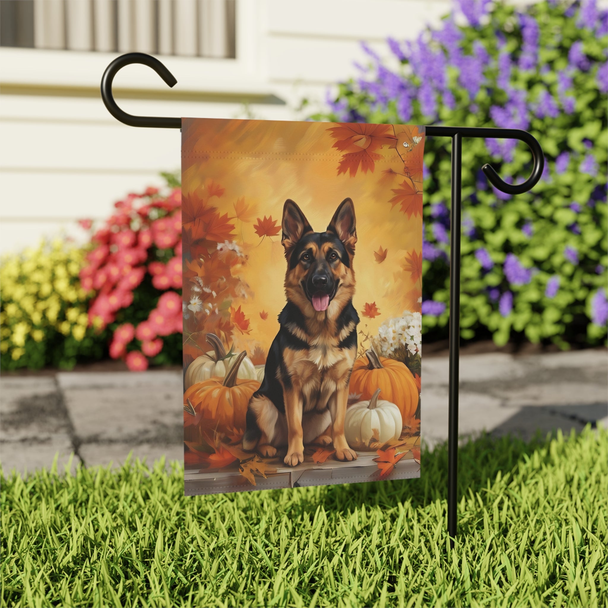 German Shepherd and Pumpkins Fall Garden Flag Double Sided 12x18 24x32 Outdoor