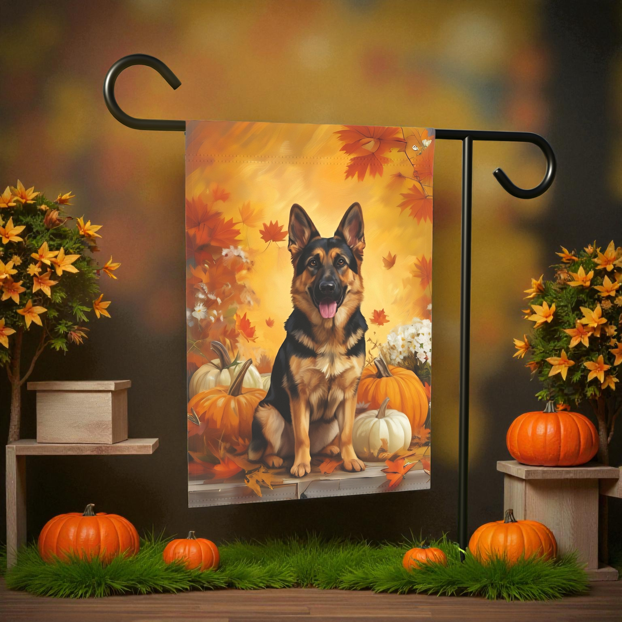 German Shepherd and Pumpkins Fall Garden Flag Double Sided 12x18 24x32 Outdoor