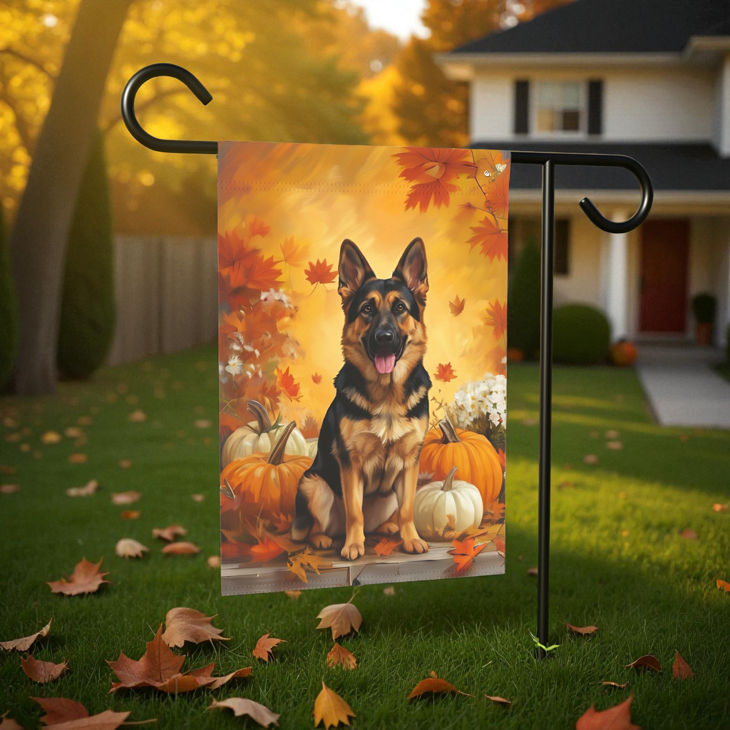 German Shepherd and Pumpkins Fall Garden Flag Double Sided 12x18 24x32 Outdoor