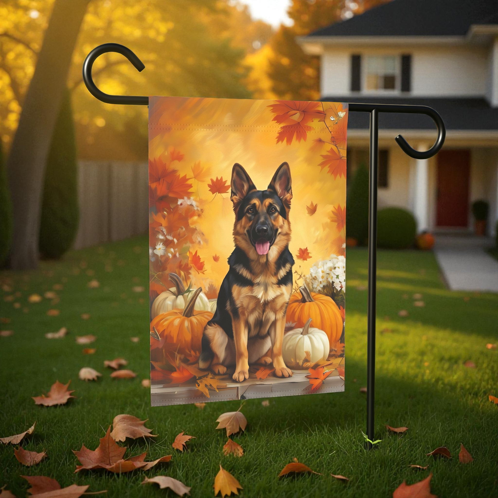German Shepherd and Pumpkins Fall Garden Flag Double Sided 12x18 24x32 Outdoor