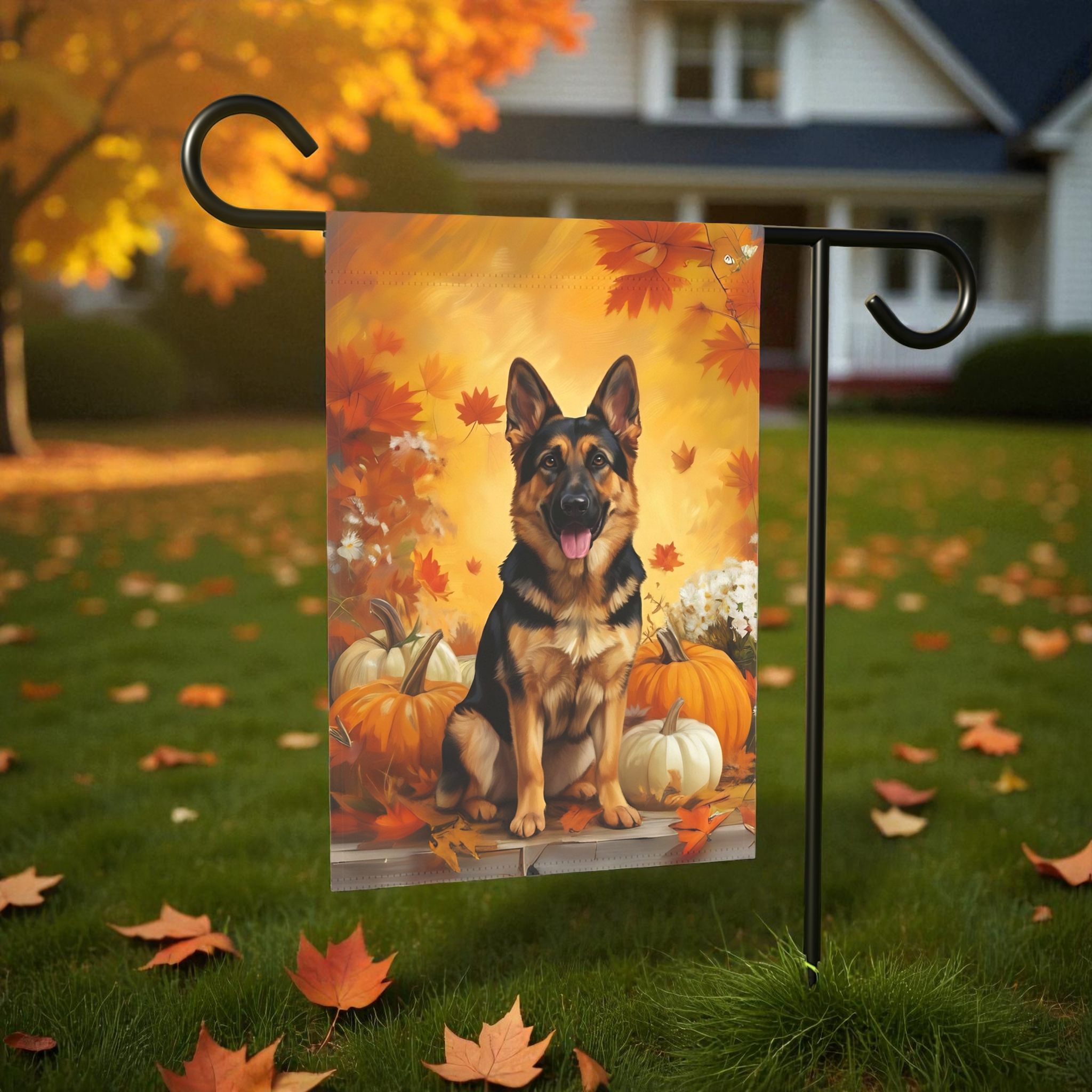 German Shepherd and Pumpkins Fall Garden Flag Double Sided 12x18 24x32 Outdoor