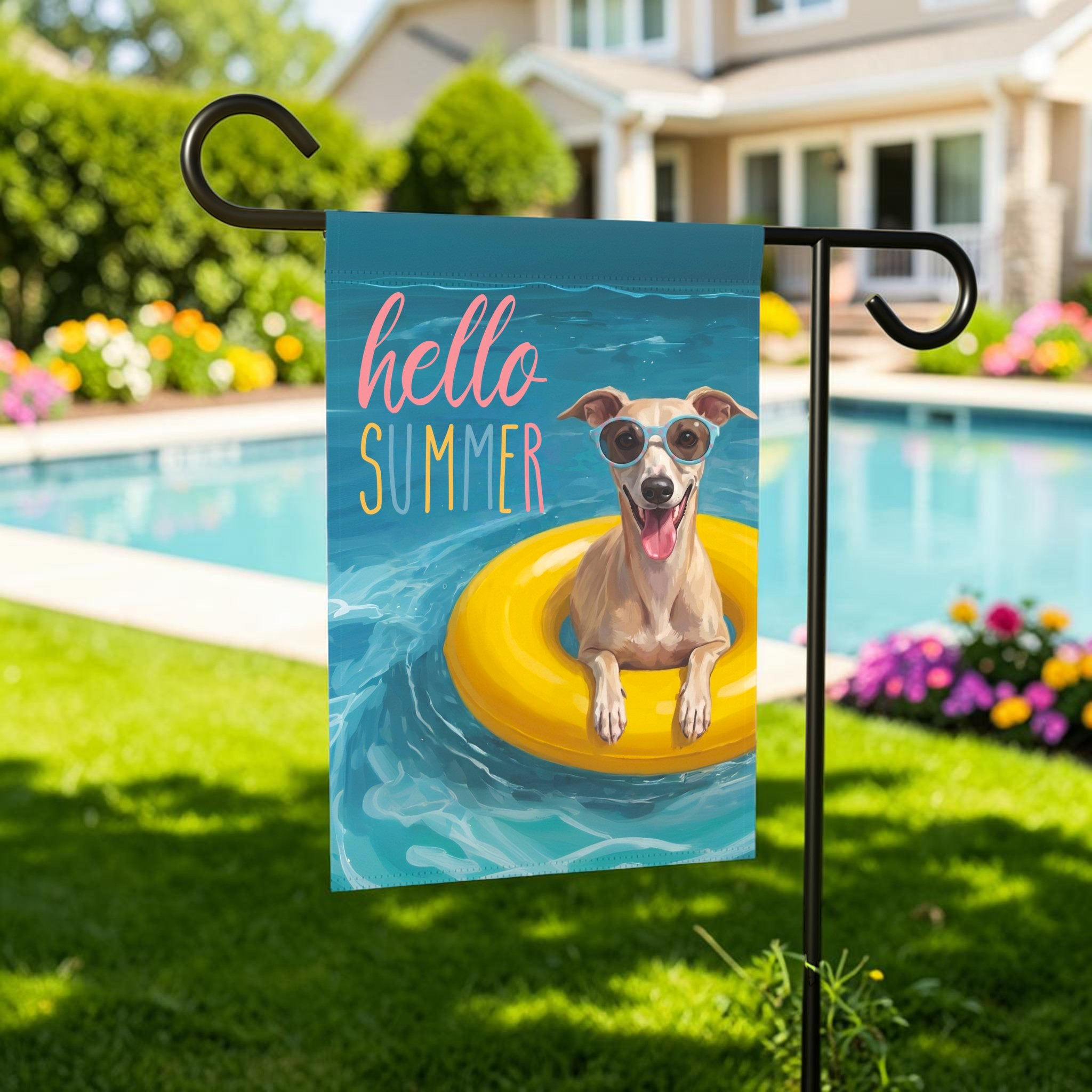 Hello Summer Whippet Garden Flag