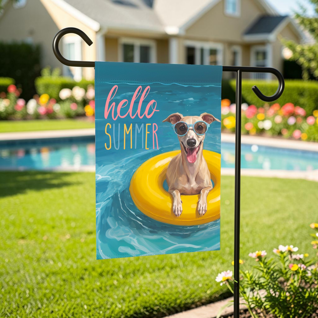 Hello Summer Whippet Garden Flag