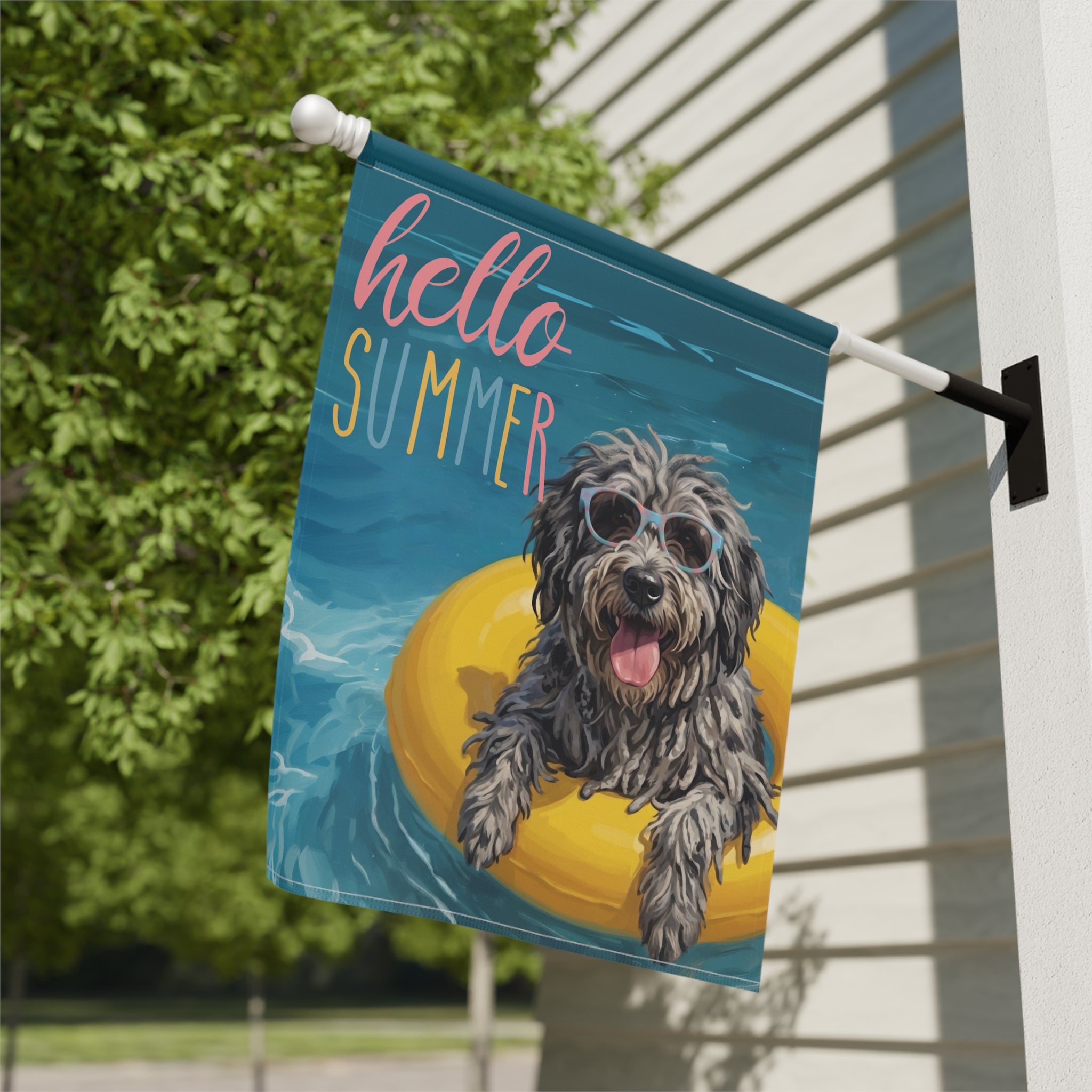 Hello Summer Bergamasco Sheepdog Garden Flag