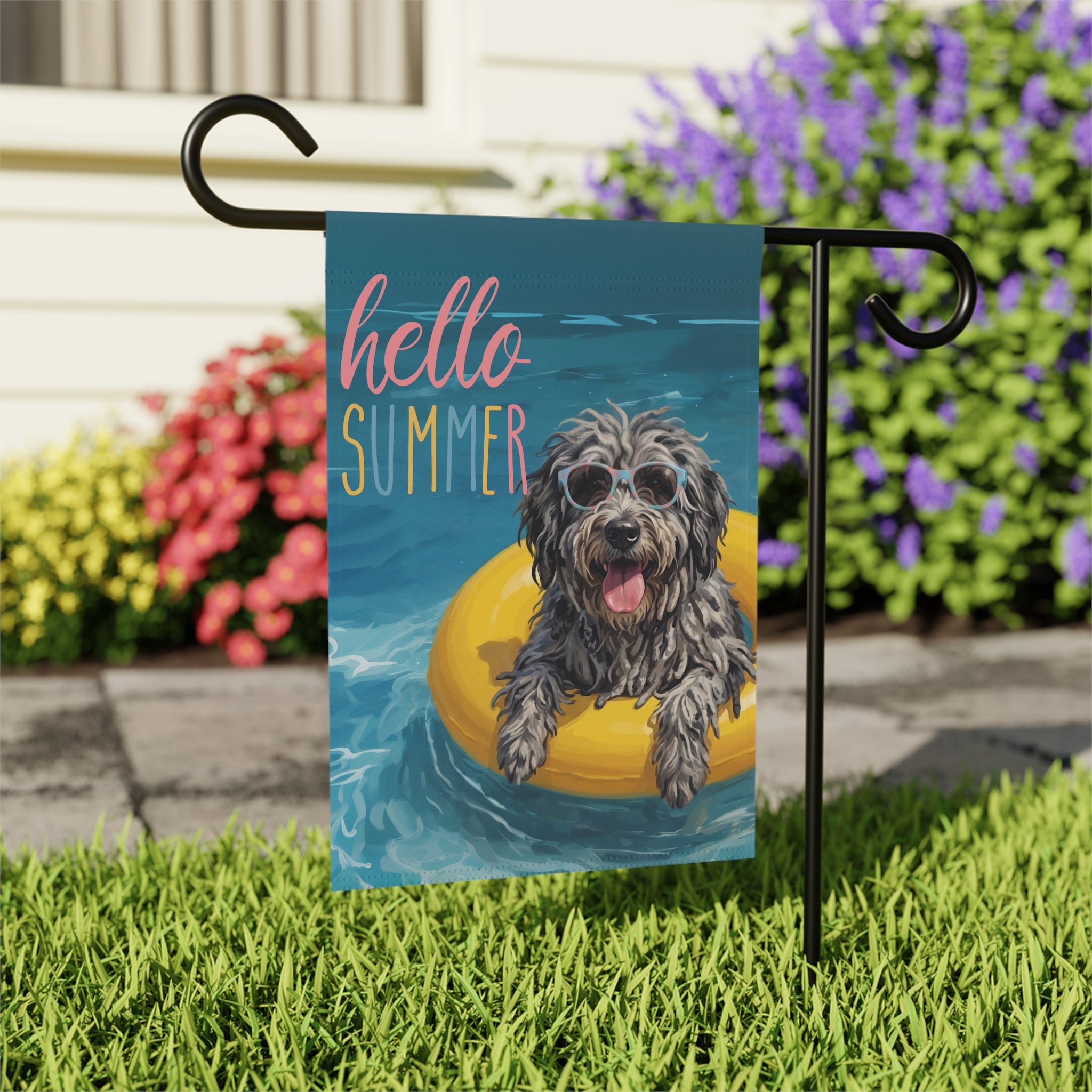 Hello Summer Bergamasco Sheepdog Garden Flag