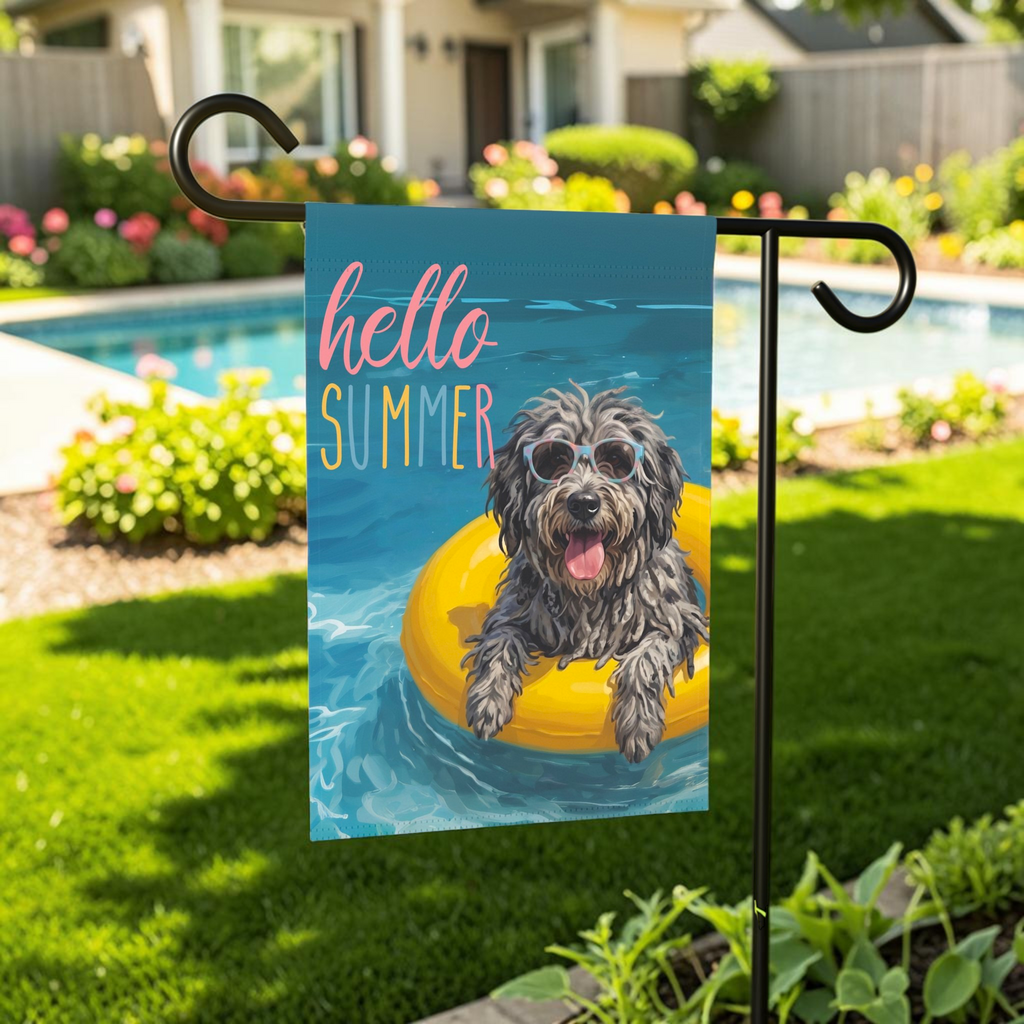 Hello Summer Bergamasco Sheepdog Garden Flag