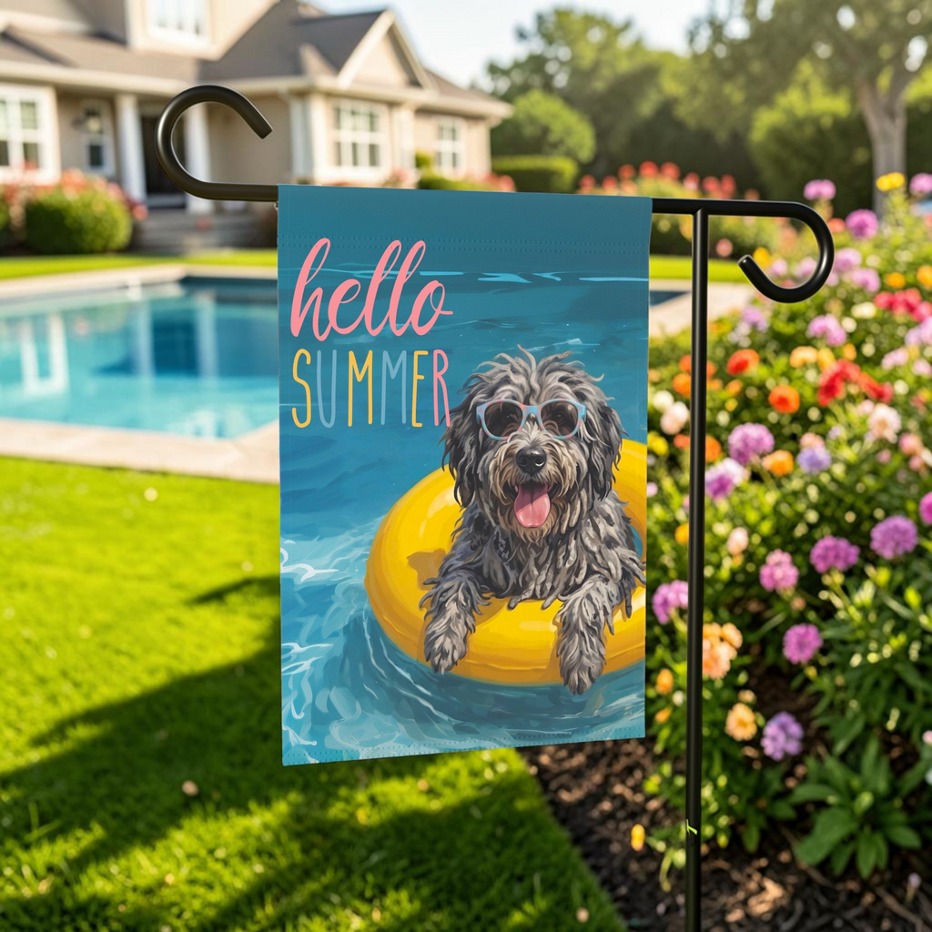 Hello Summer Bergamasco Sheepdog Garden Flag