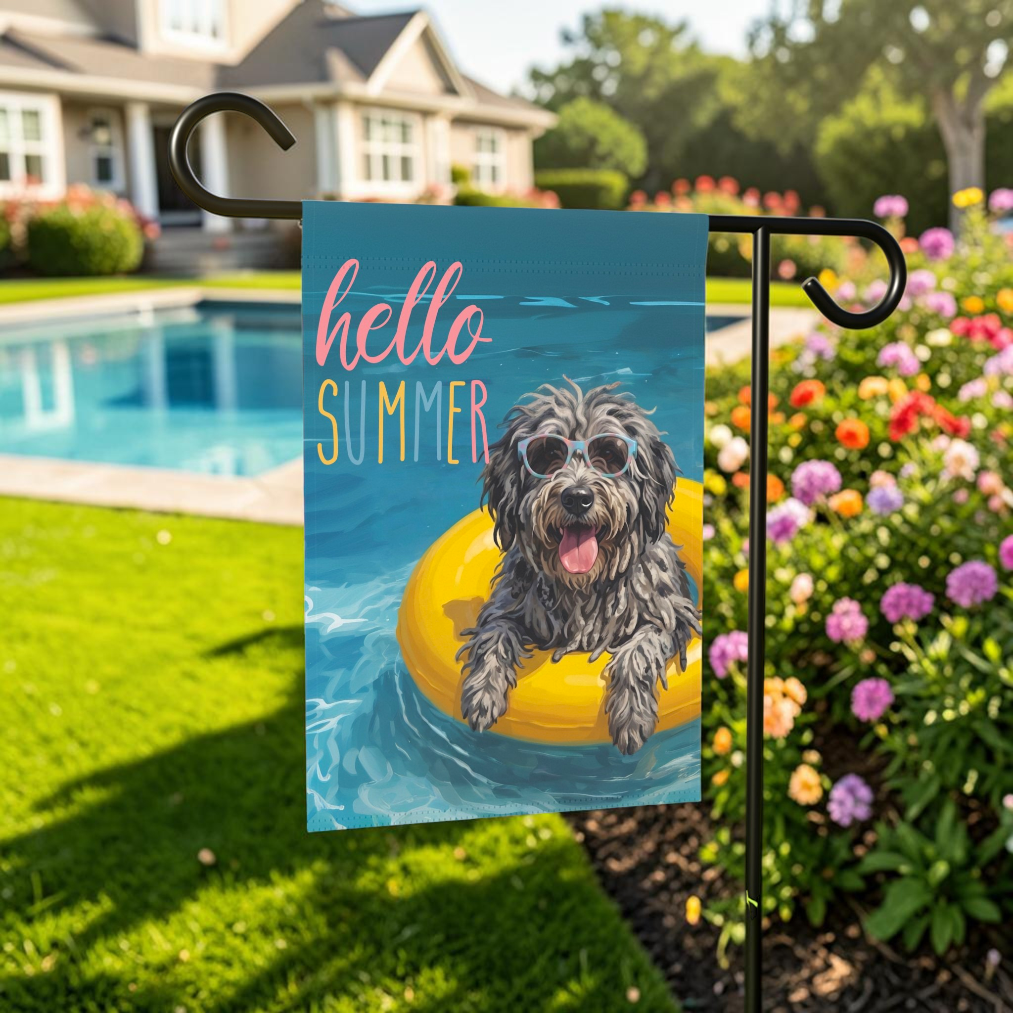 Hello Summer Bergamasco Sheepdog Garden Flag