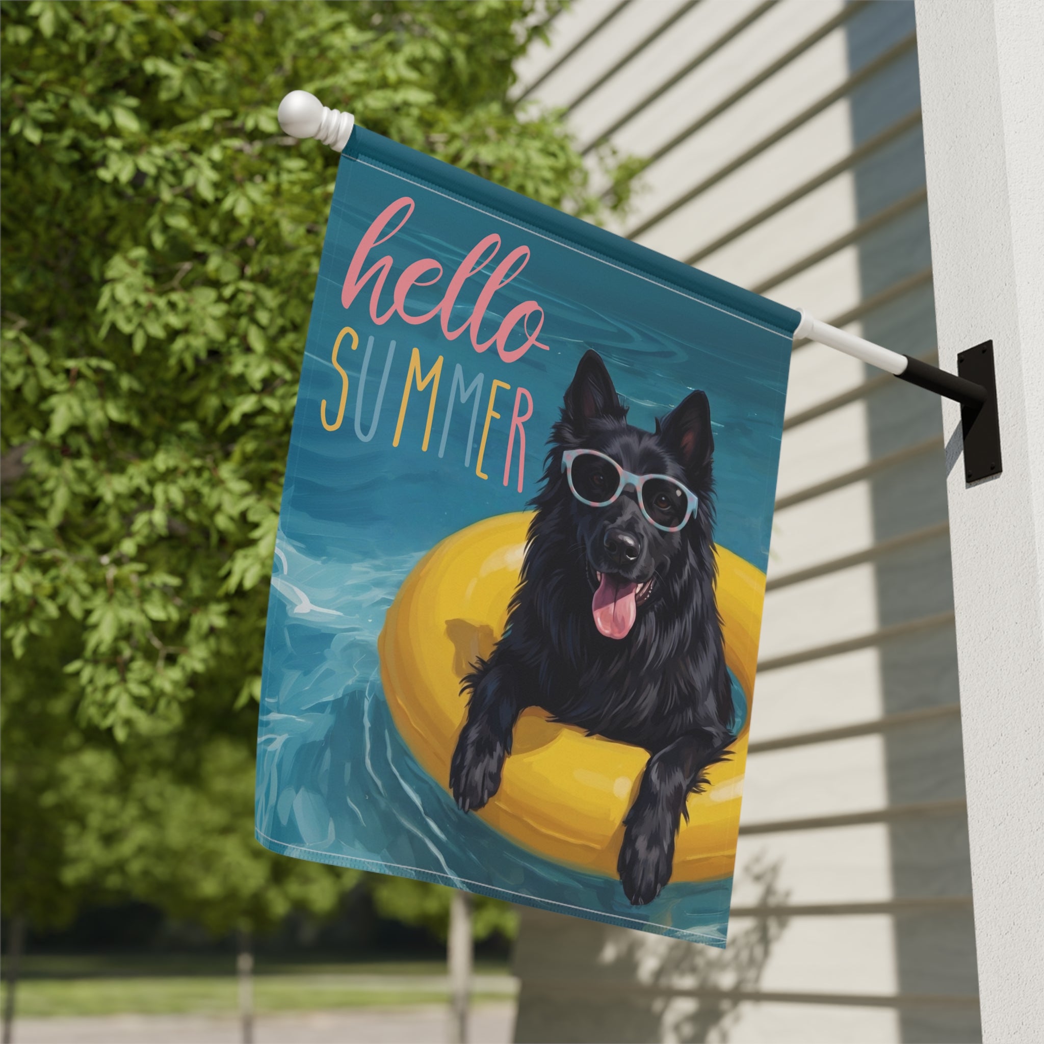 Hello Summer Belgian Sheepdog Garden Flag