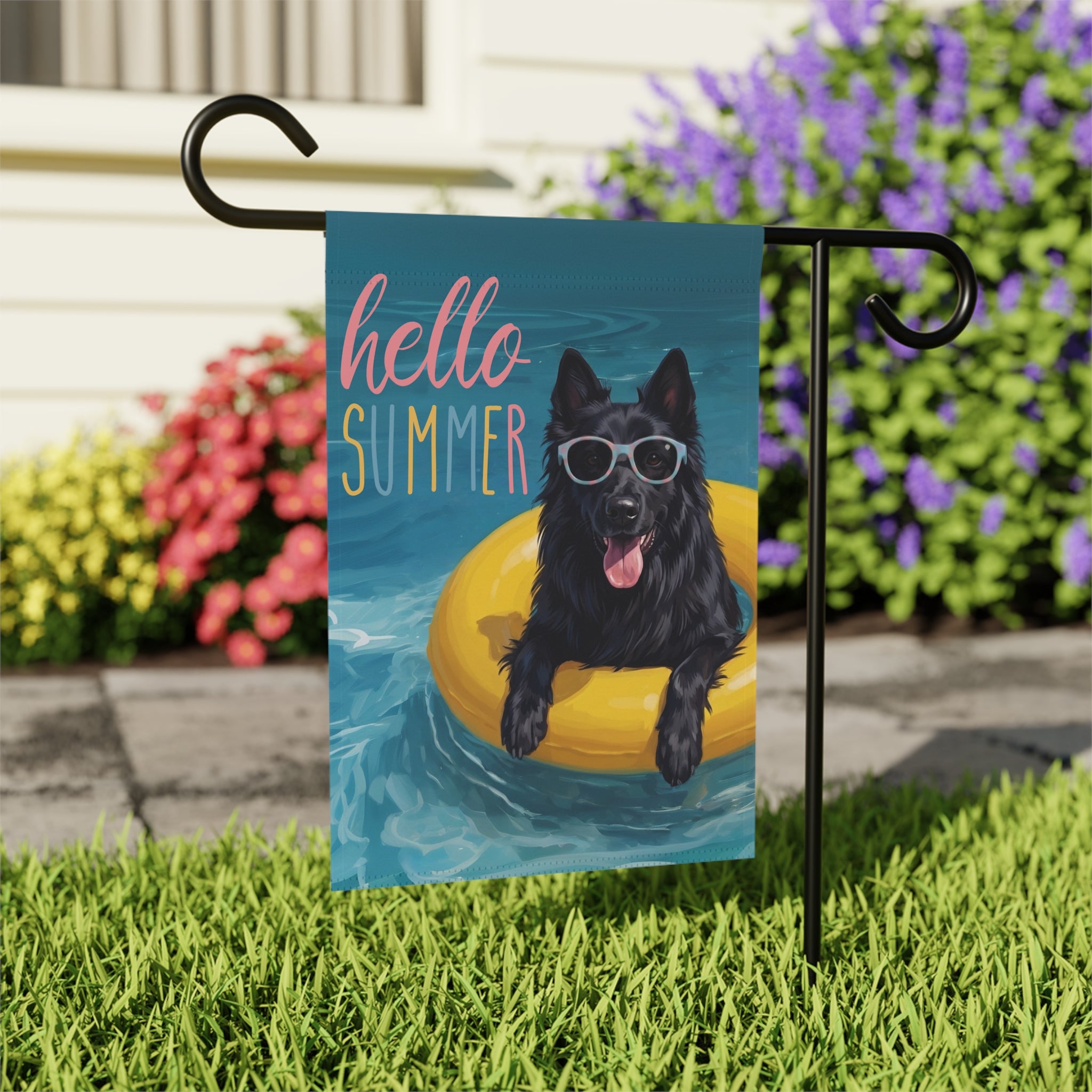 Hello Summer Belgian Sheepdog Garden Flag