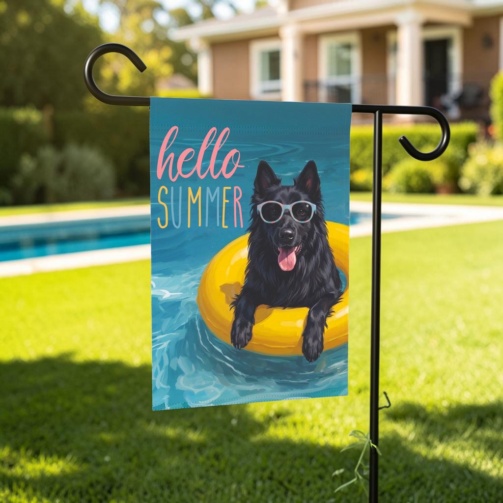 Hello Summer Belgian Sheepdog Garden Flag