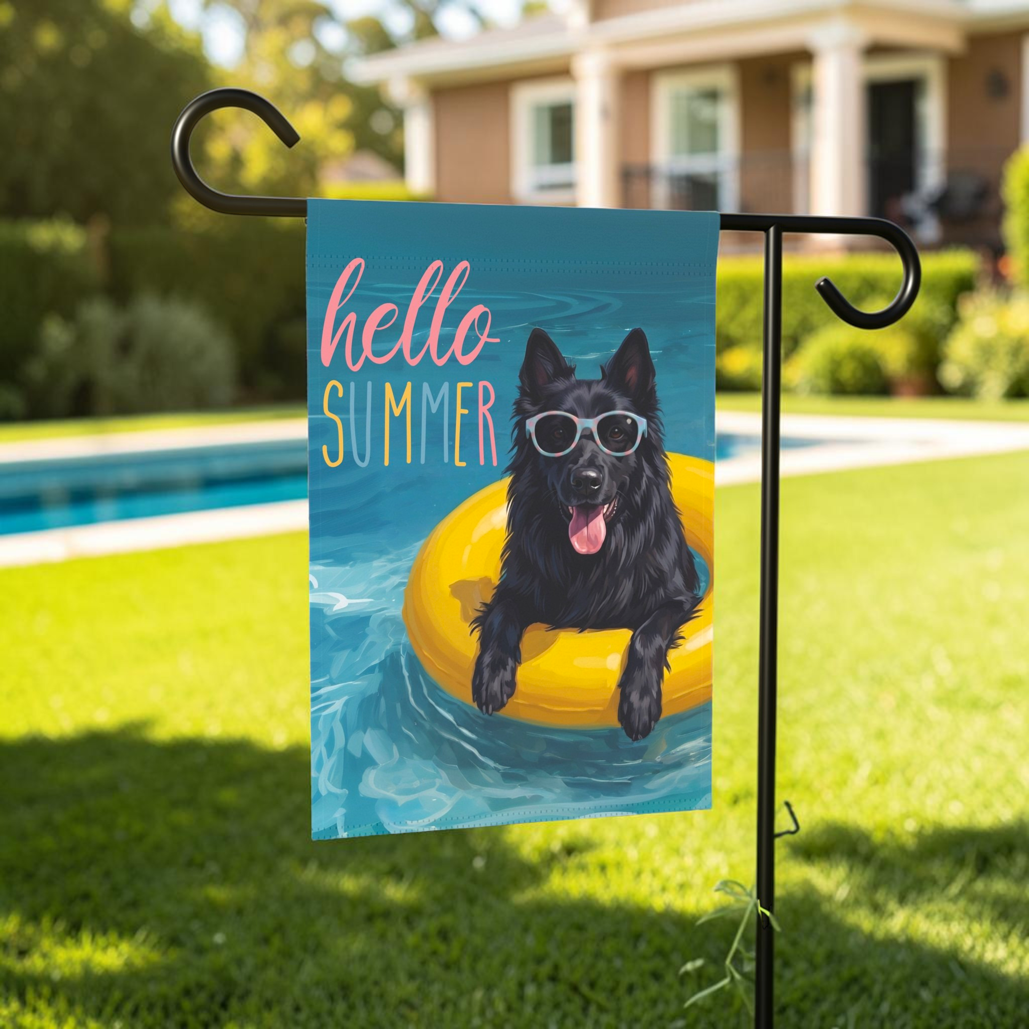 Hello Summer Belgian Sheepdog Garden Flag