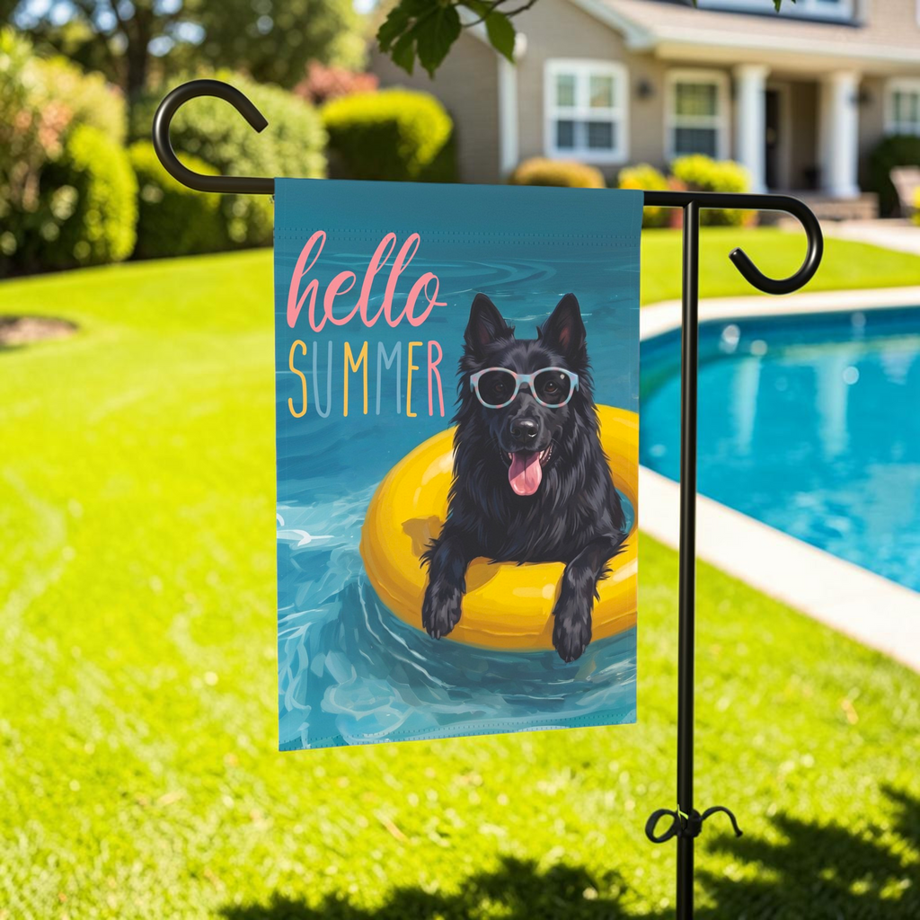 Hello Summer Belgian Sheepdog Garden Flag