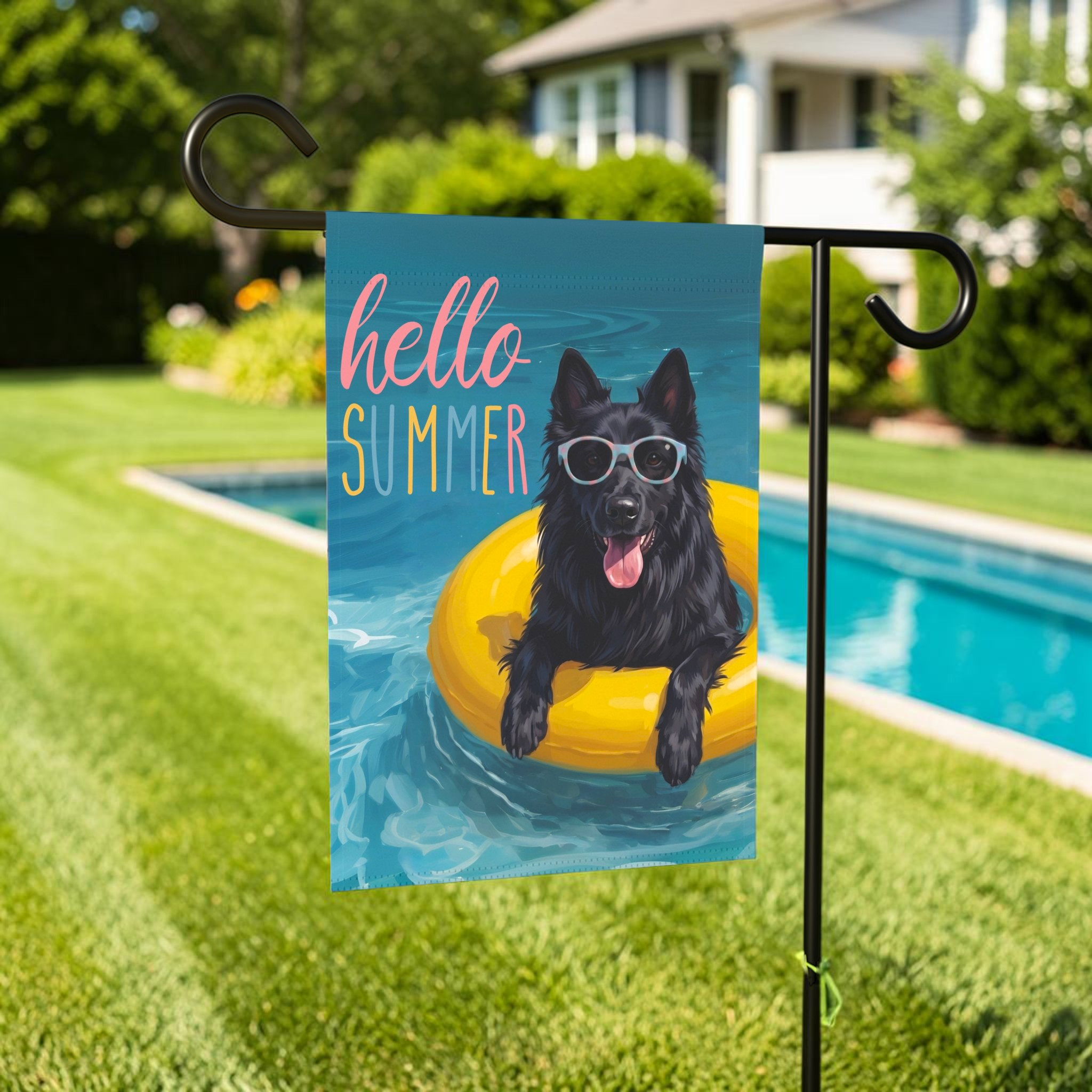 Hello Summer Belgian Sheepdog Garden Flag