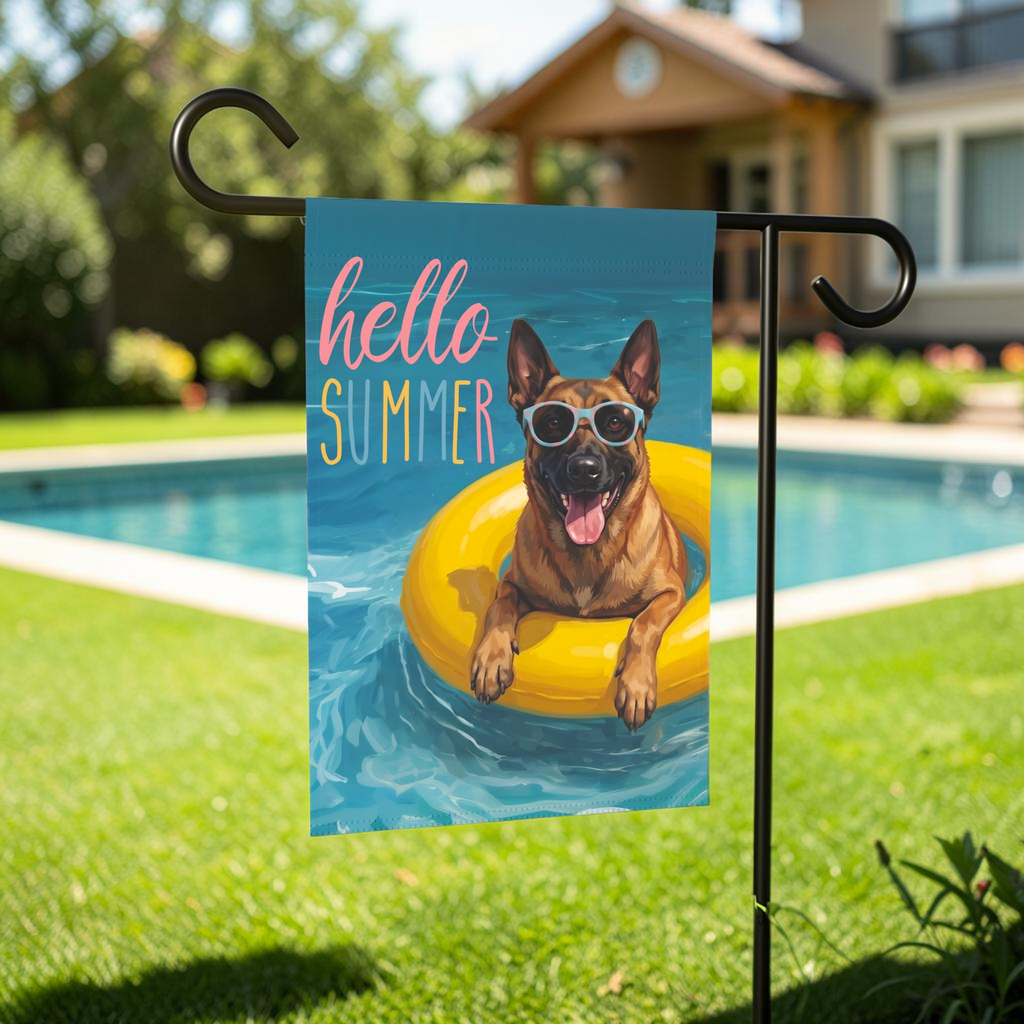 Hello Summer Belgian Malinois Garden Flag