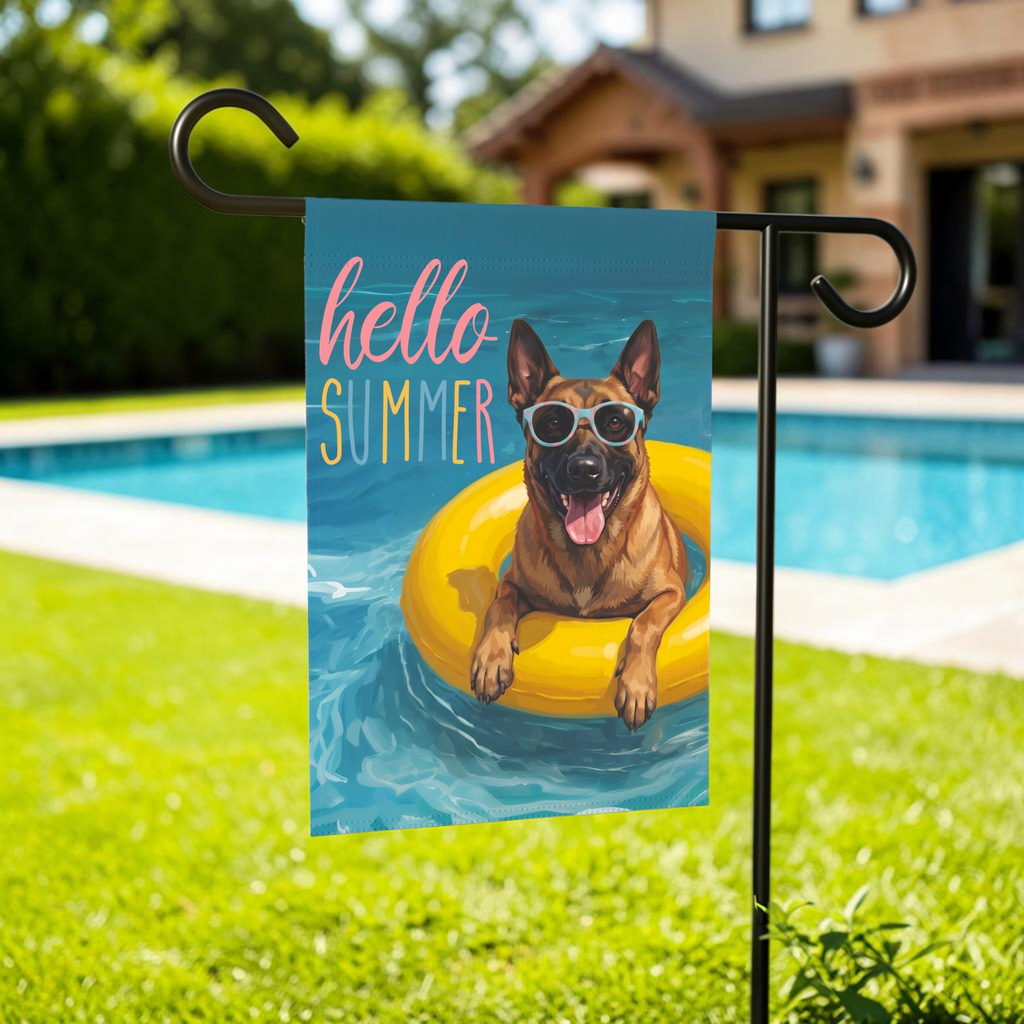 Hello Summer Belgian Malinois Garden Flag