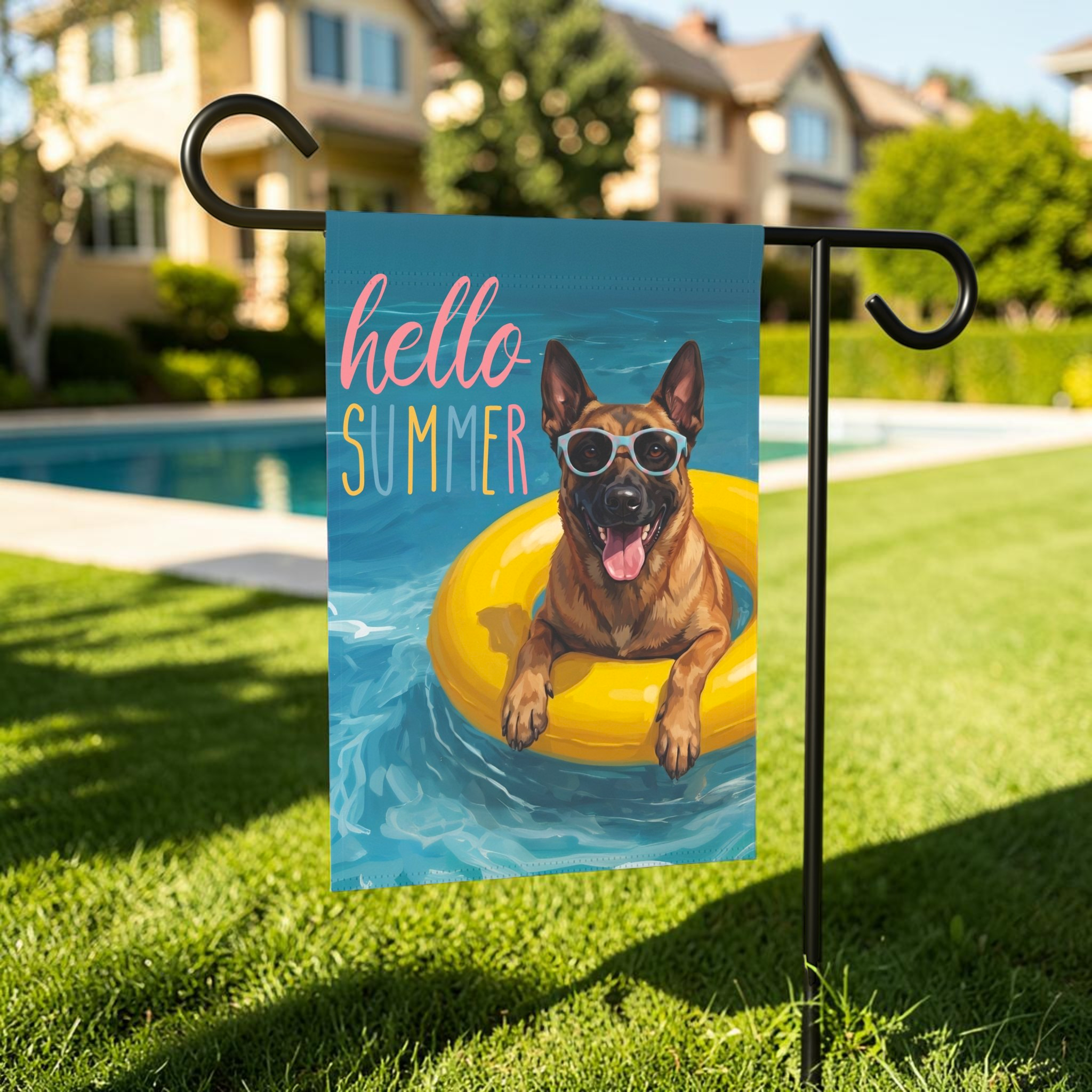 Hello Summer Belgian Malinois Garden Flag