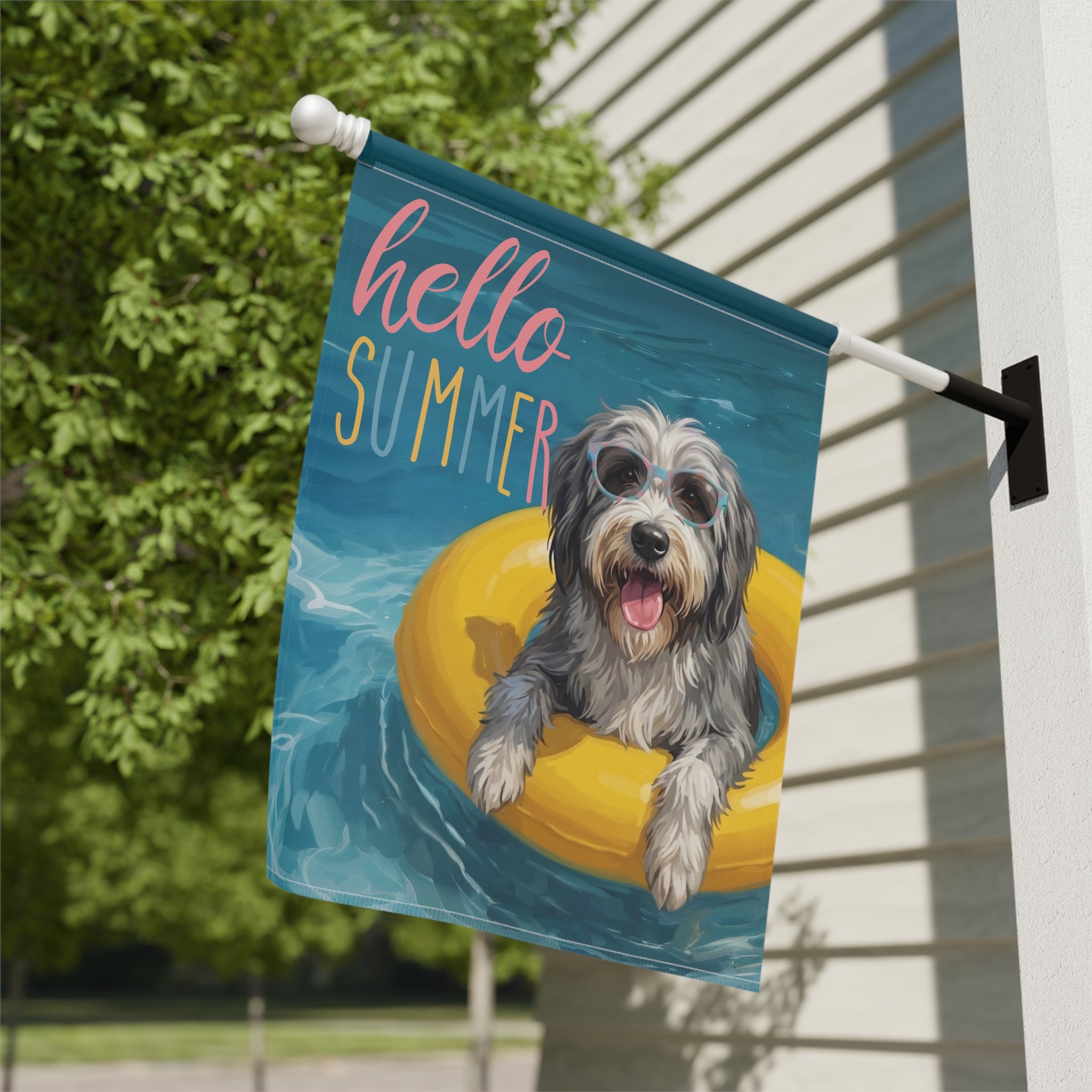 Hello Summer Bearded Collie Garden Flag