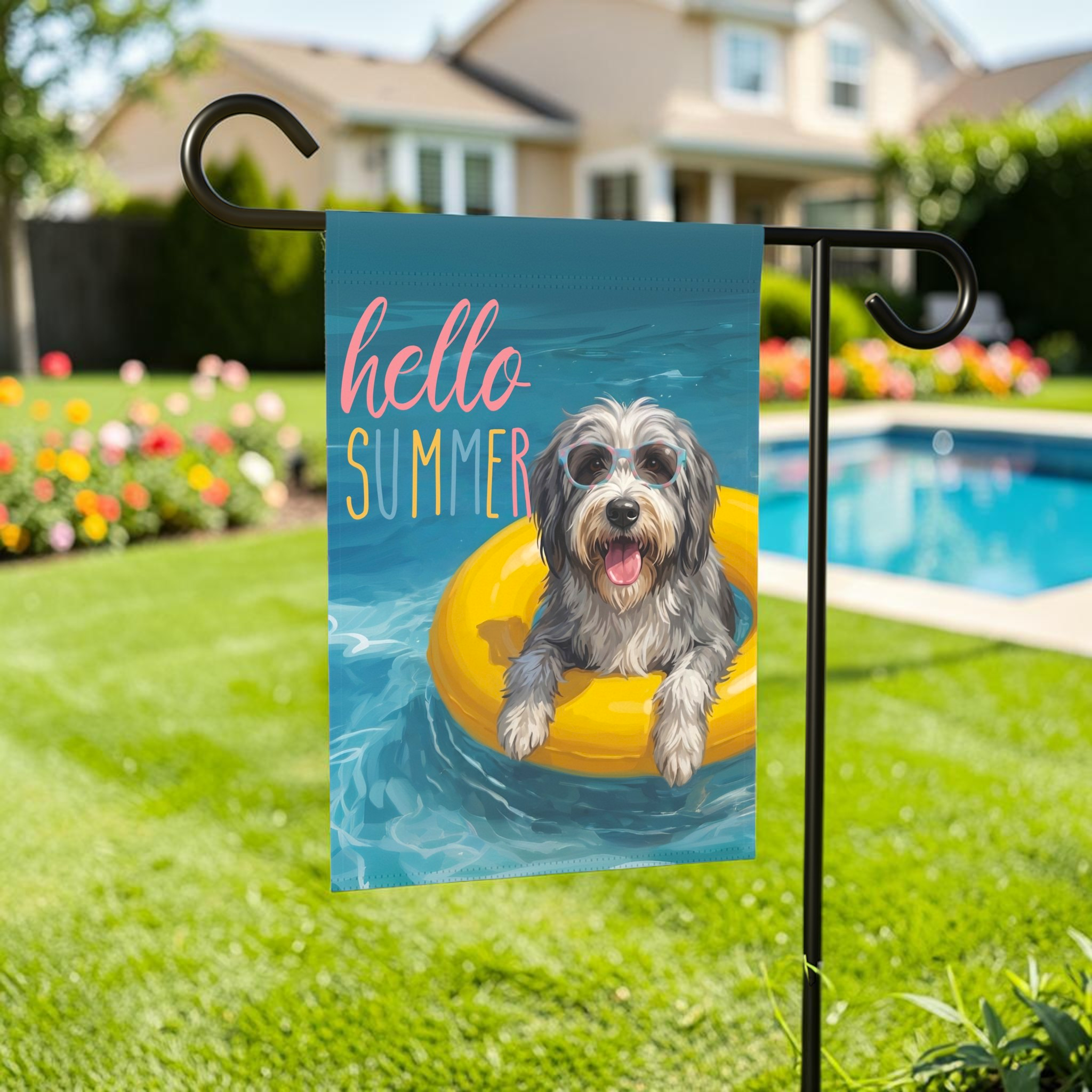 Hello Summer Bearded Collie Garden Flag